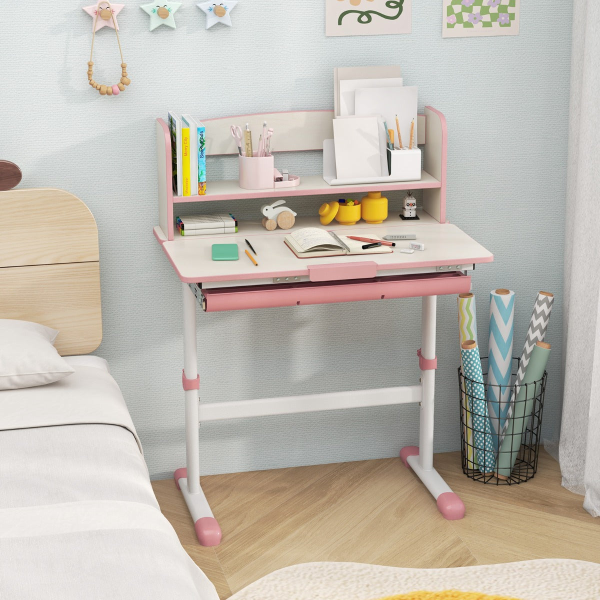 Height Adjustable Children Writing Table with Tilt Desktop and Hutch-Blue