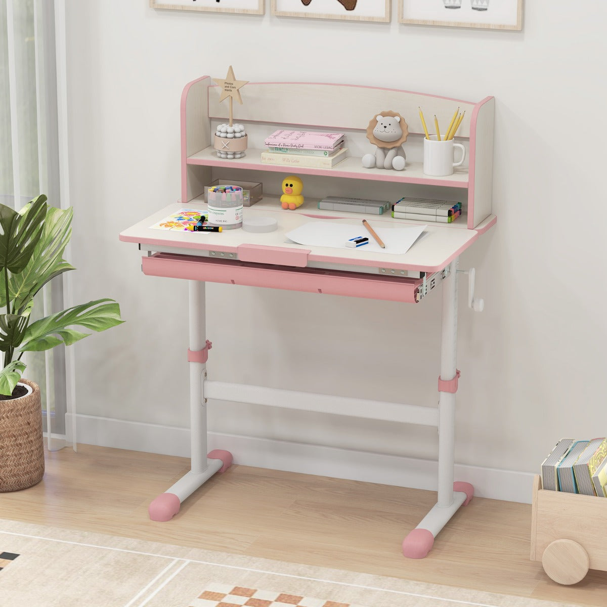 Height Adjustable Children Writing Table with Tilt Desktop and Hutch-Blue
