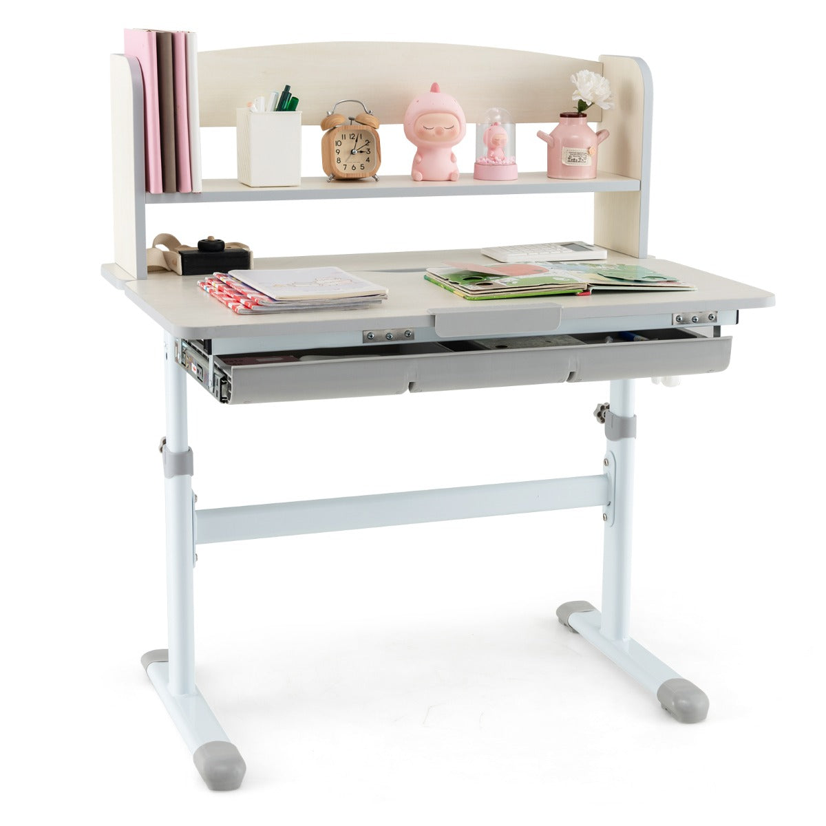 Height Adjustable Children Writing Table with Tilt Desktop and Hutch-Blue