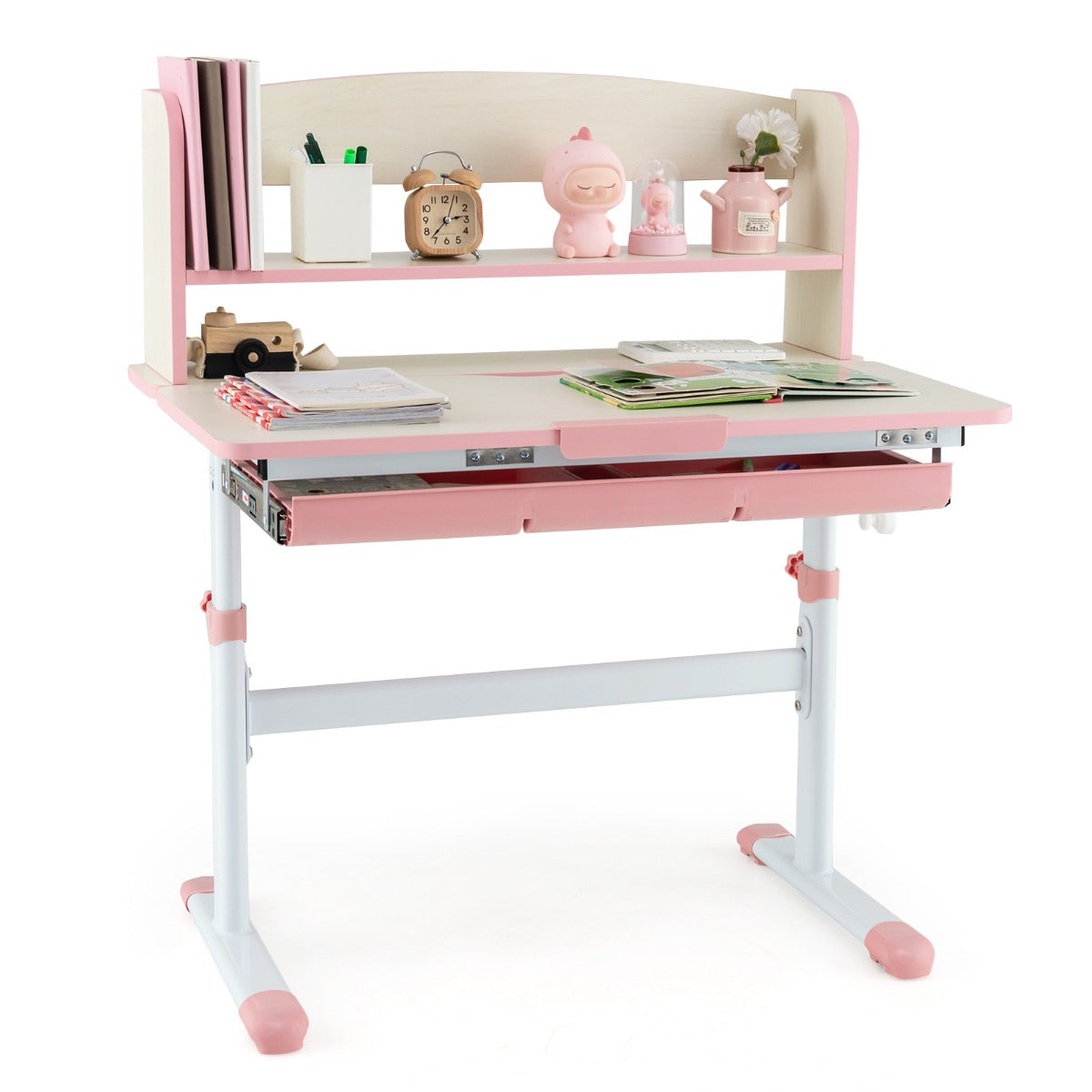 Height Adjustable Children Writing Table with Tilt Desktop and Hutch-Blue