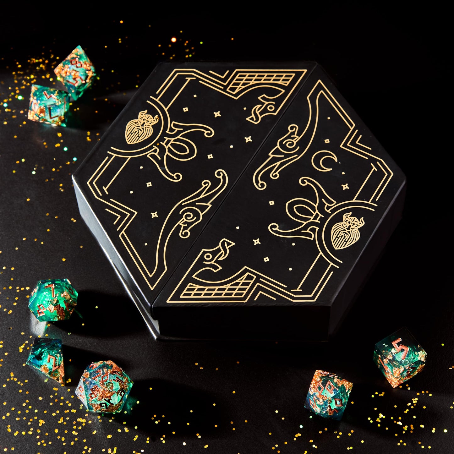 HEIMDALLR Liquid Core Dice Set with LED Display Case – 7-Pc D&D Dice Fenrir's Shadow