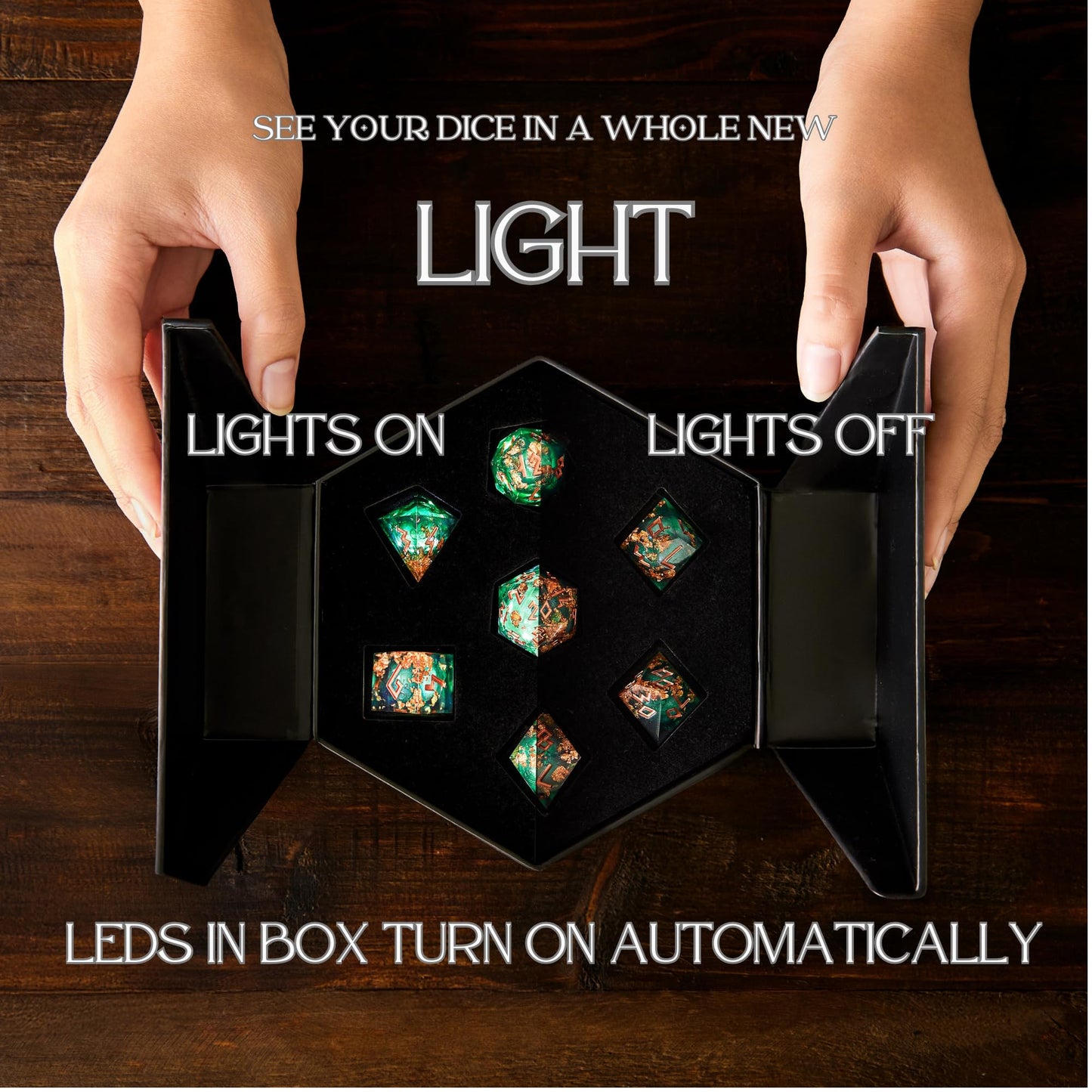 HEIMDALLR Liquid Core Dice Set with LED Display Case – 7-Pc D&D Dice Fenrir's Shadow