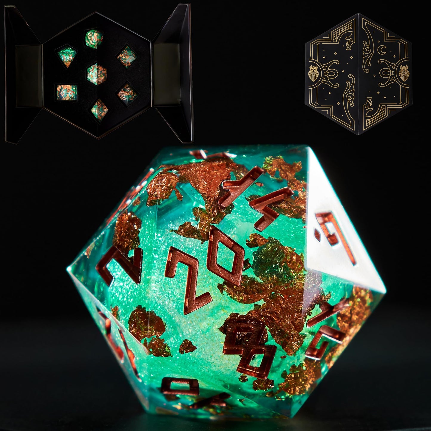 HEIMDALLR Liquid Core Dice Set with LED Display Case – 7-Pc D&D Dice Fenrir's Shadow