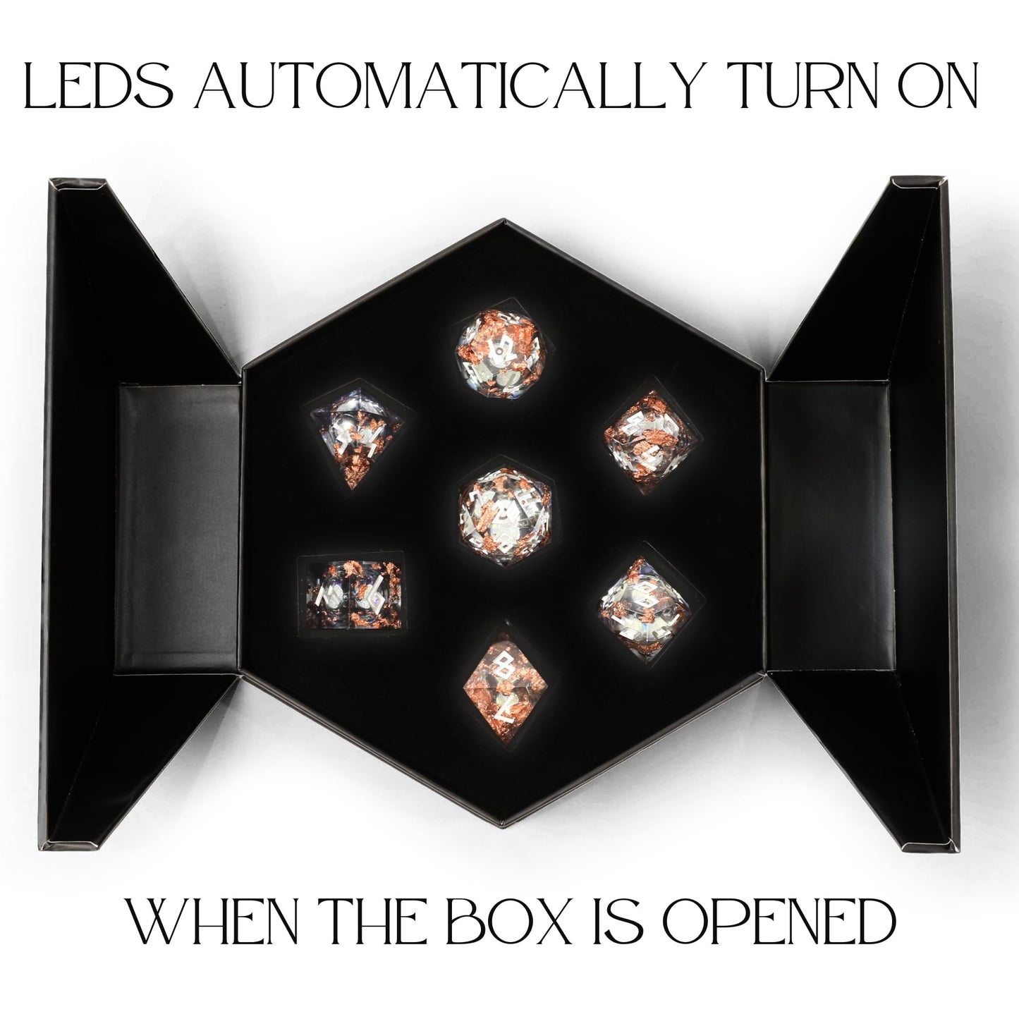 HEIMDALLR Liquid Core Dice Set with LED Display Case – 7-Piece Hand-Painted D&D Dice, Gilded Shadow
