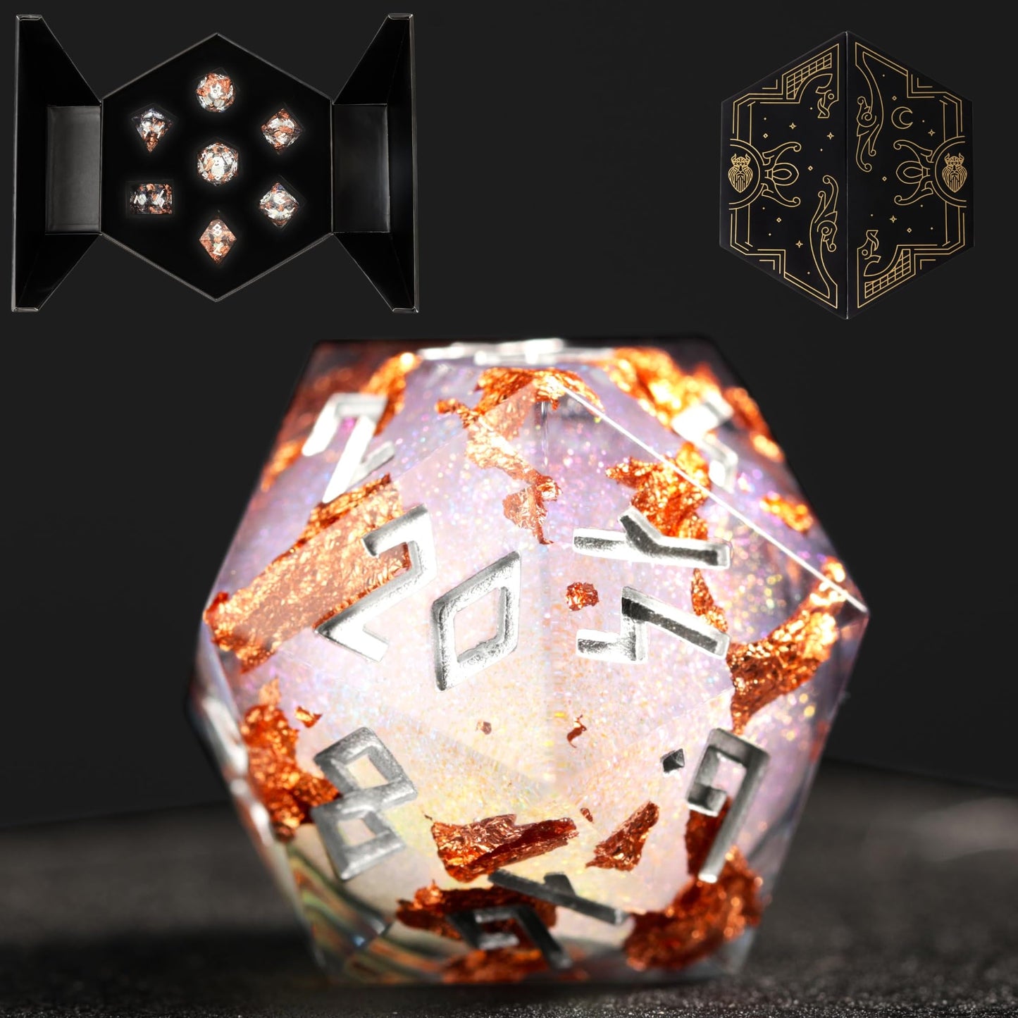 HEIMDALLR Liquid Core Dice Set with LED Display Case – 7-Piece Hand-Painted D&D Dice, Gilded Shadow