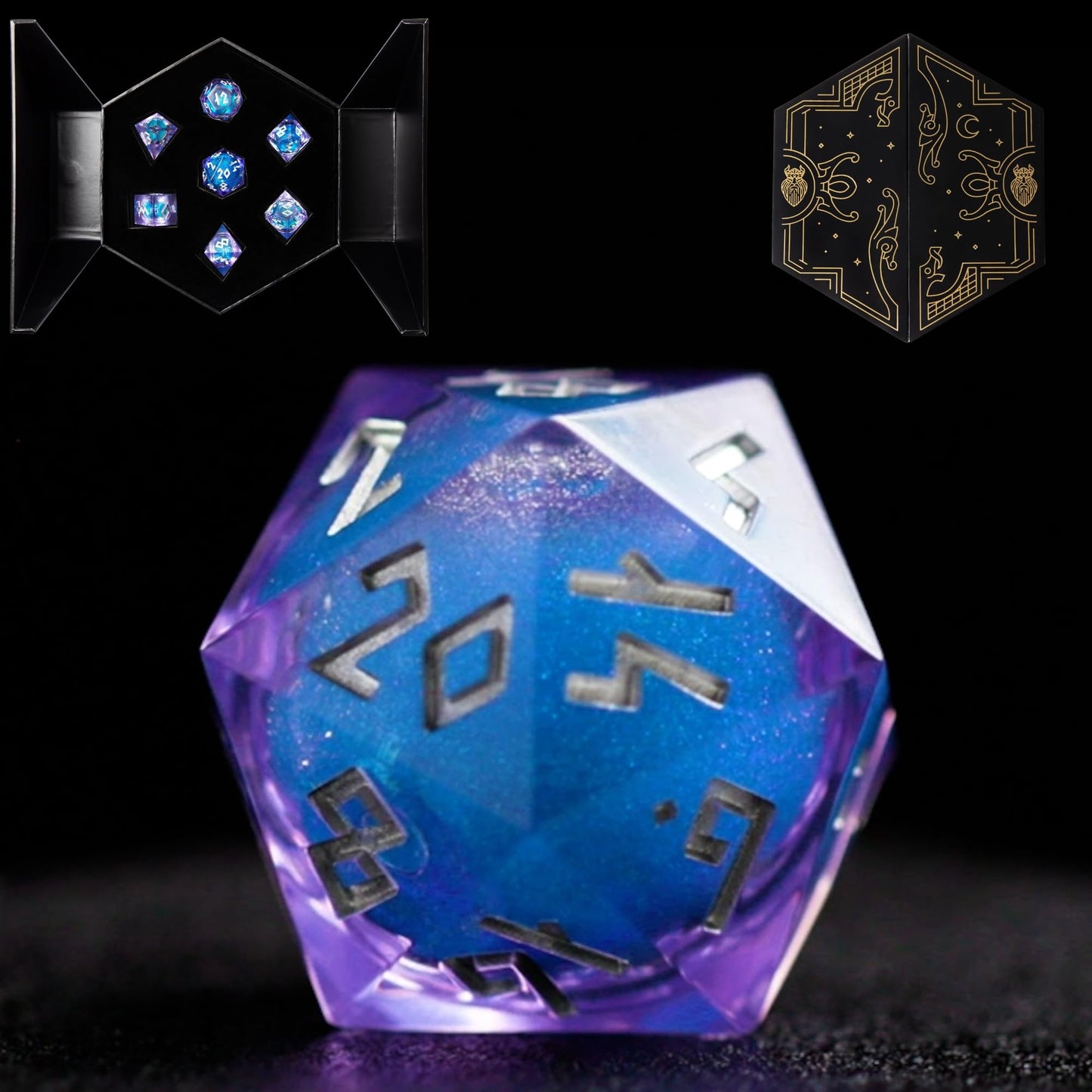 HEIMDALLR Liquid Core Dice Set with LED Display Case – 7-Piece Hand-Painted D&D Dice (Starshimmer)
