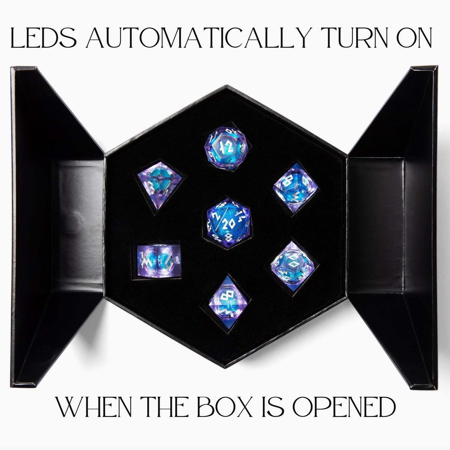 HEIMDALLR Liquid Core Dice Set with LED Display Case – 7-Piece Hand-Painted D&D Dice (Starshimmer)