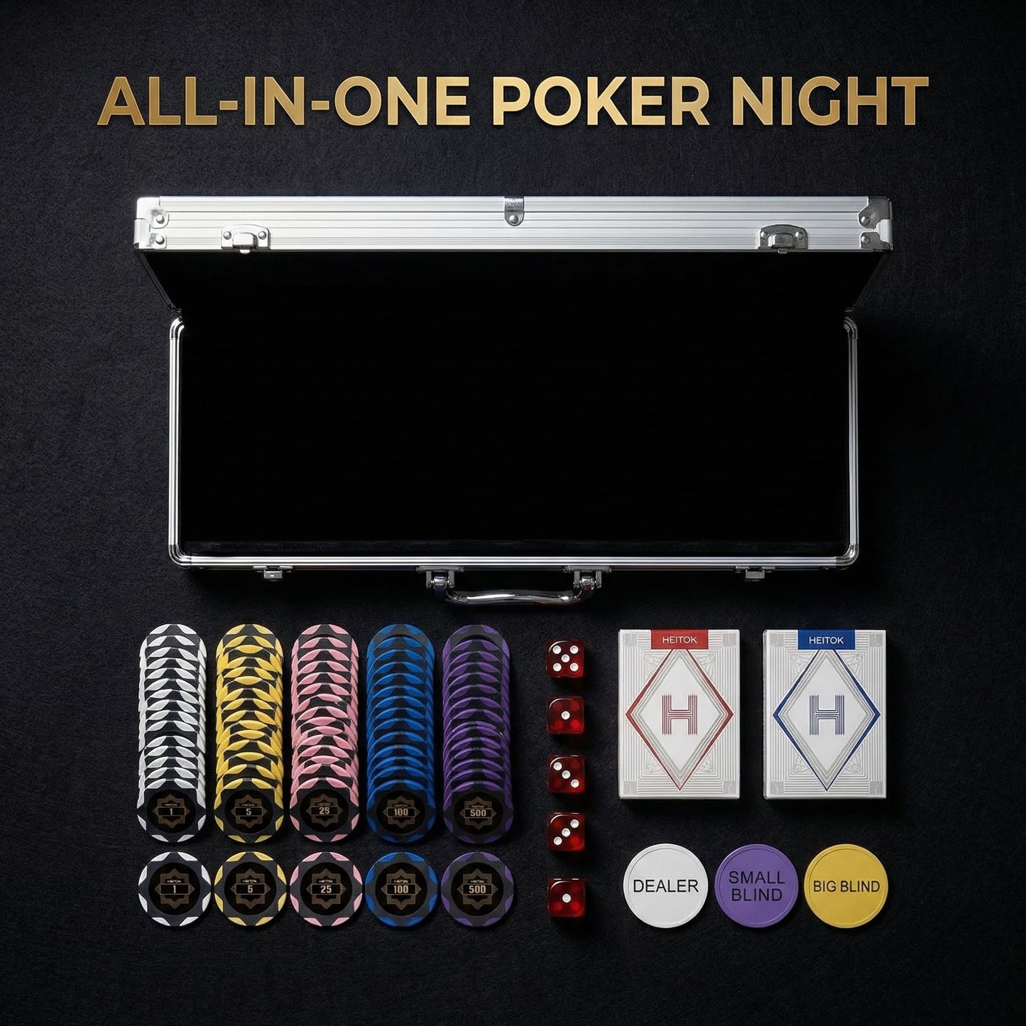 HEITOK 300-Piece Clay Poker Chip Set — 14g Heavyweight Casino-Grade Texas Holdem Kit with Aluminum Case