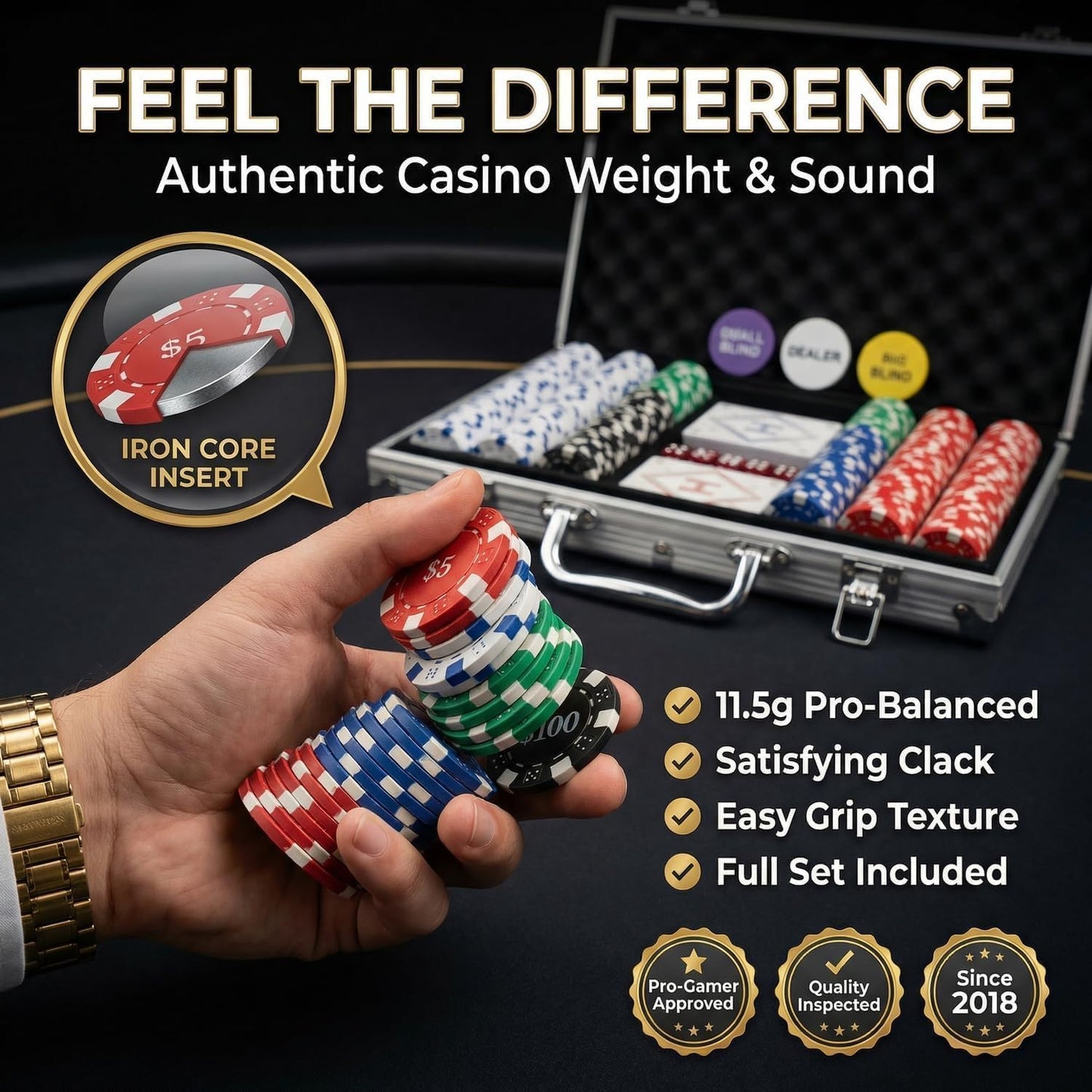 HEITOK Poker Chips Set 500pcs – Aluminum Case, Casino-Grade 11.5g Chips