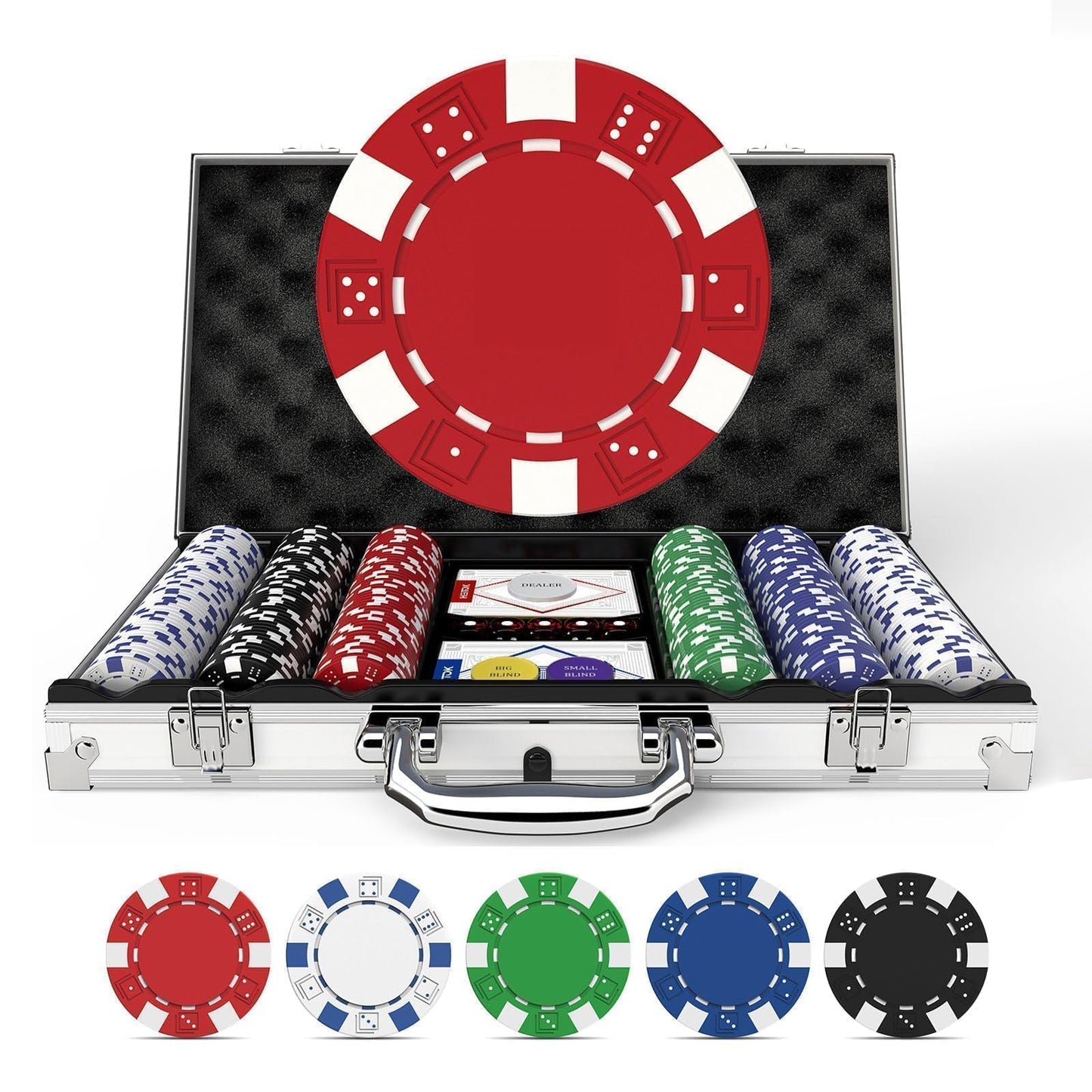 HEITOK Texas Hold'em Poker Chip Set – 300 Chips, Aluminum Case, Dice & Cards