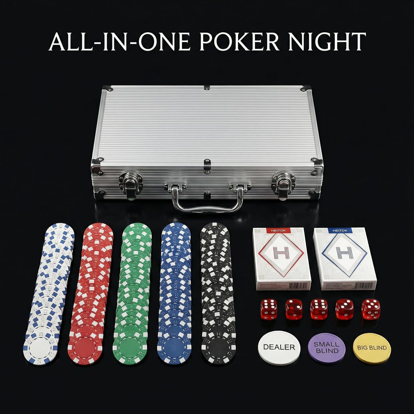 HEITOK Texas Hold'em Poker Chip Set – 300 Chips, Aluminum Case, Dice & Cards