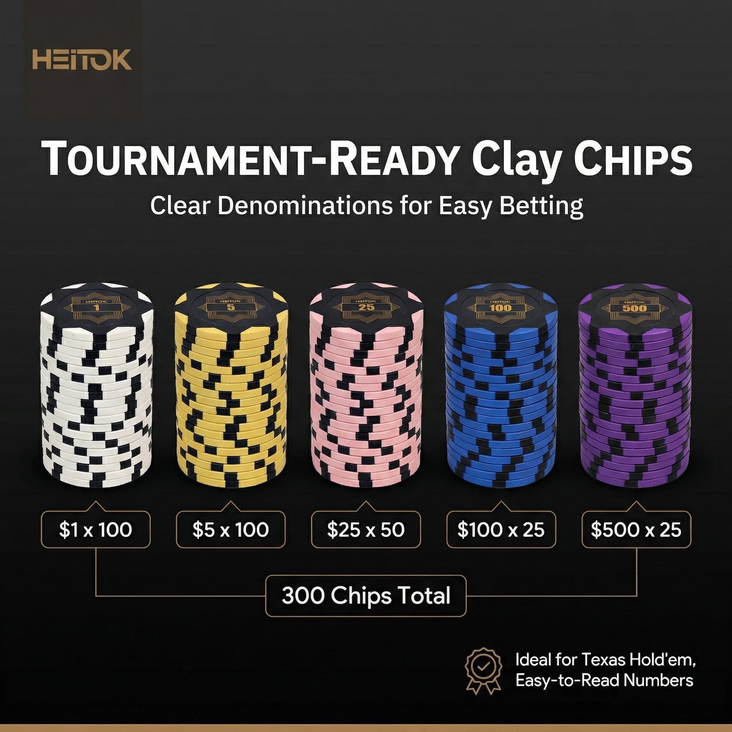 HEITOK 300-Piece Clay Poker Chip Set — 14g Heavyweight Casino-Grade Texas Holdem Kit with Aluminum Case