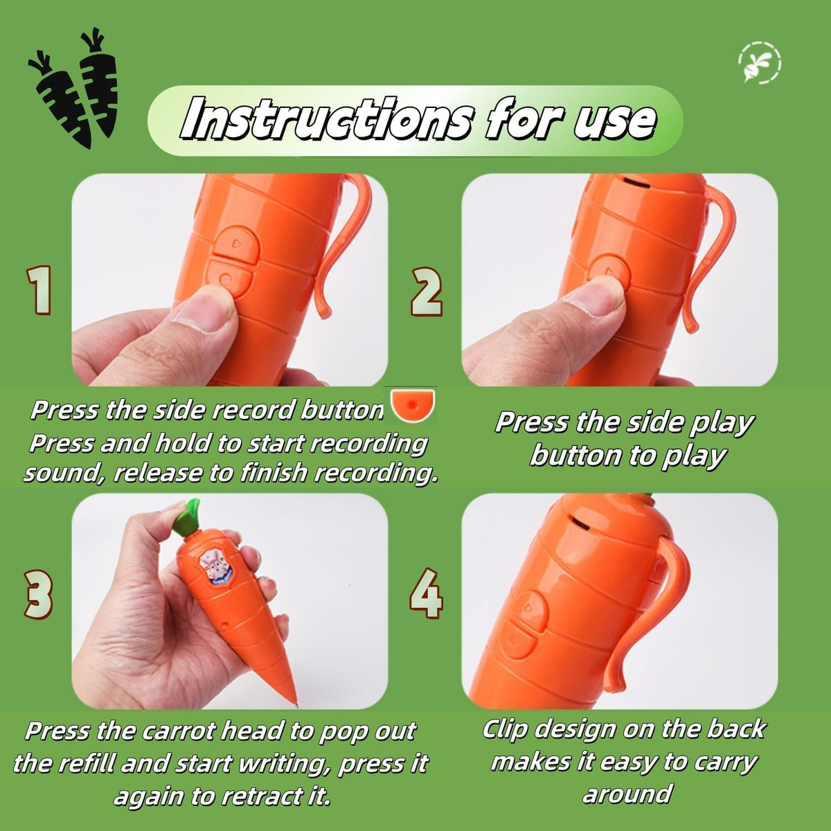 Hekisace Kids Carrot Recorder Pen — Write, Record & Playback (20s)