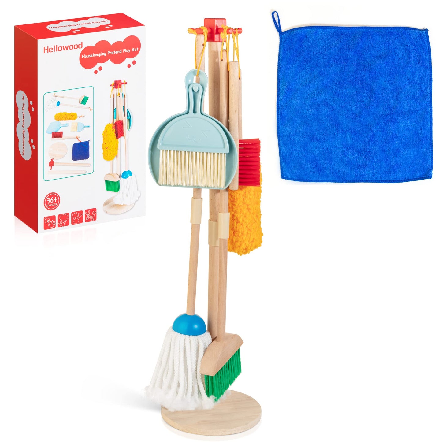 HELLOWOOD Kids Cleaning Set — 8 Pcs Wooden Housekeeping Play Kit (Solid Beech Wood)