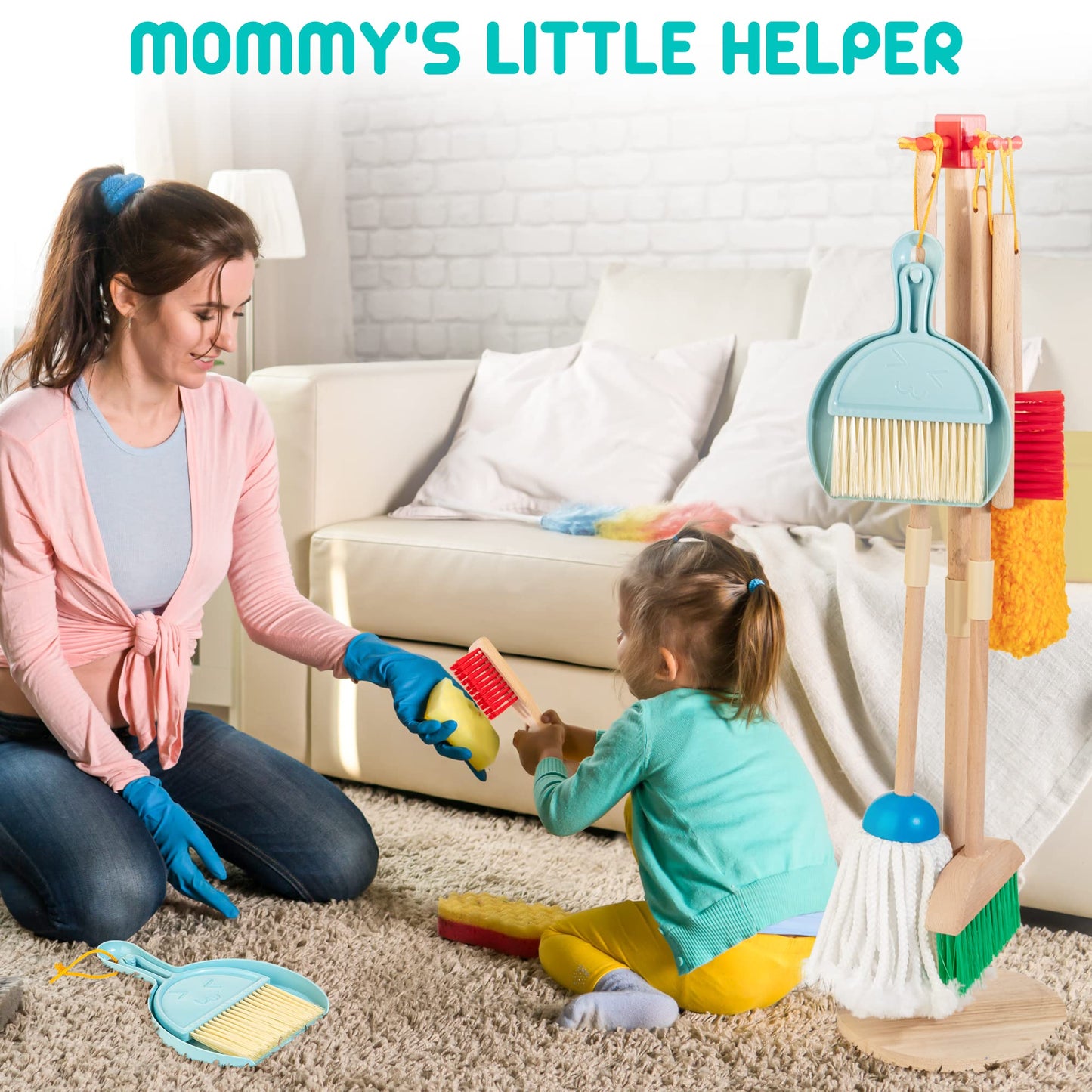 HELLOWOOD Kids Cleaning Set — 8 Pcs Wooden Housekeeping Play Kit (Solid Beech Wood)