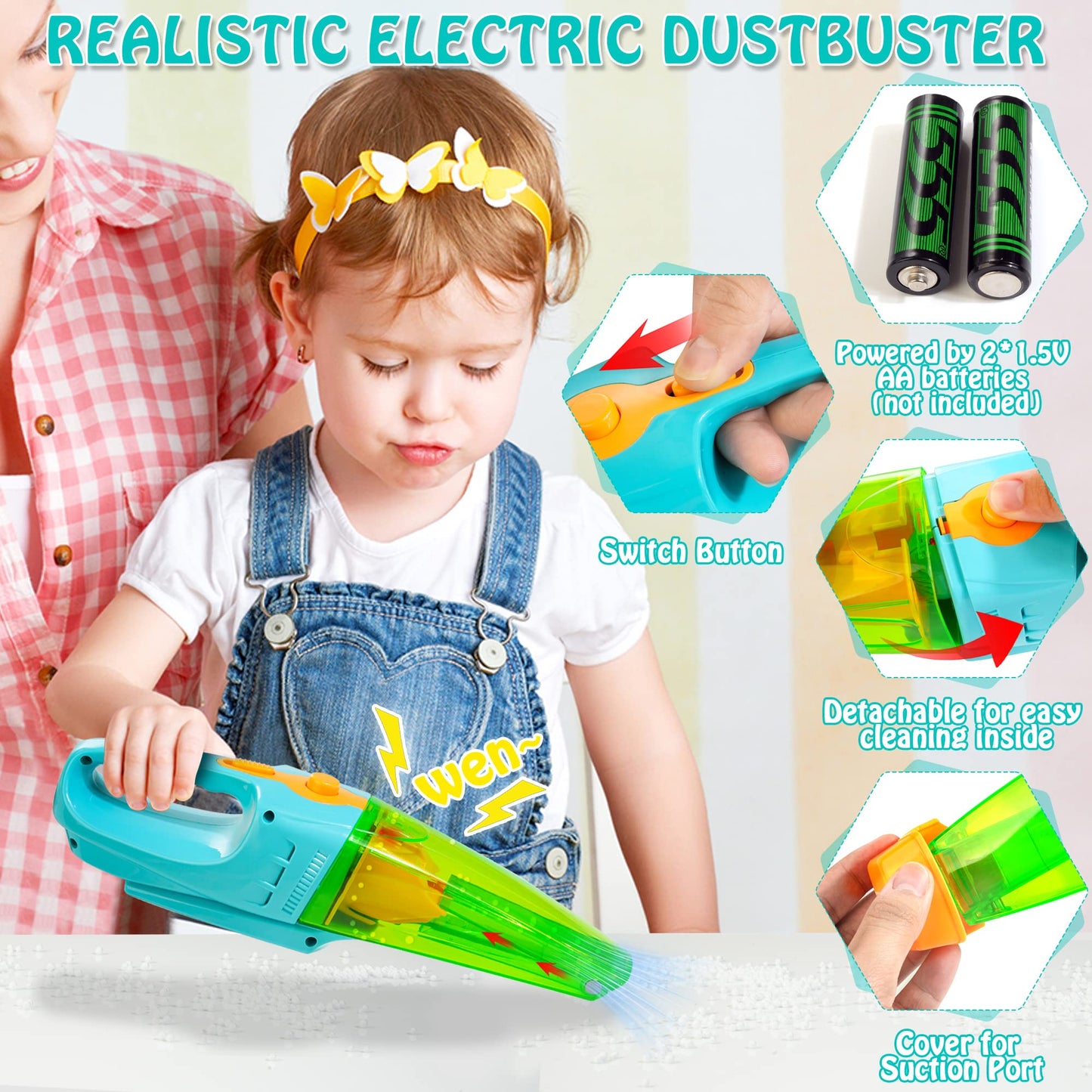 HELLOWOOD Kids Cleaning Set with Electric Vacuum – Pretend Play Housekeeping Toy for Ages 3+
