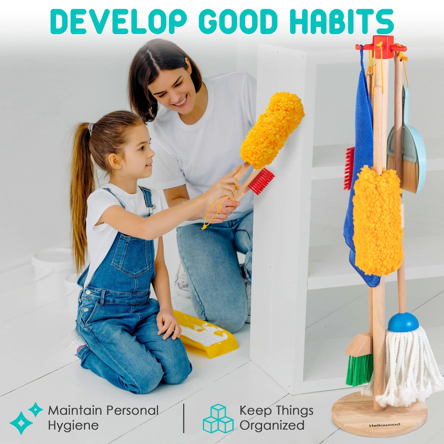 HELLOWOOD Kids Cleaning Set — 8 Pcs Wooden Housekeeping Play Kit (Solid Beech Wood)