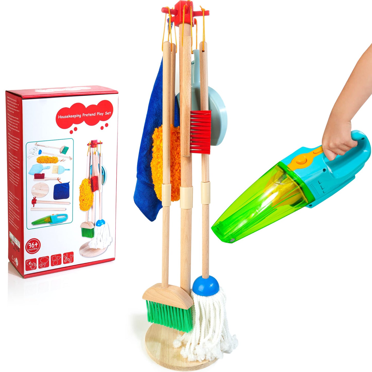 HELLOWOOD Kids Cleaning Set with Electric Vacuum – Pretend Play Housekeeping Toy for Ages 3+