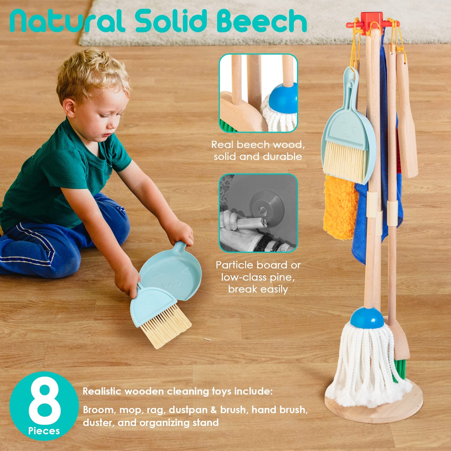 HELLOWOOD Kids Cleaning Set — 8 Pcs Wooden Housekeeping Play Kit (Solid Beech Wood)
