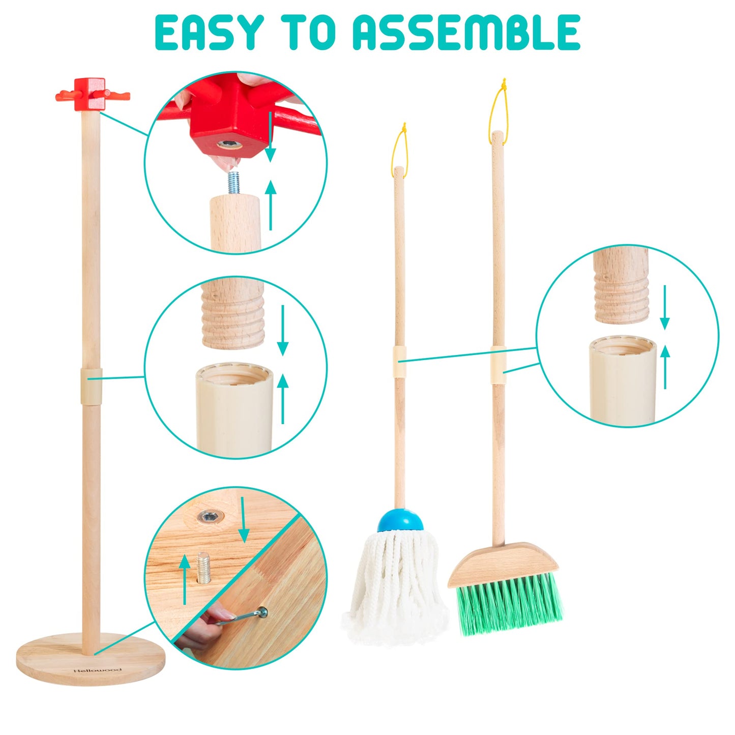 HELLOWOOD Kids Cleaning Set — 8 Pcs Wooden Housekeeping Play Kit (Solid Beech Wood)