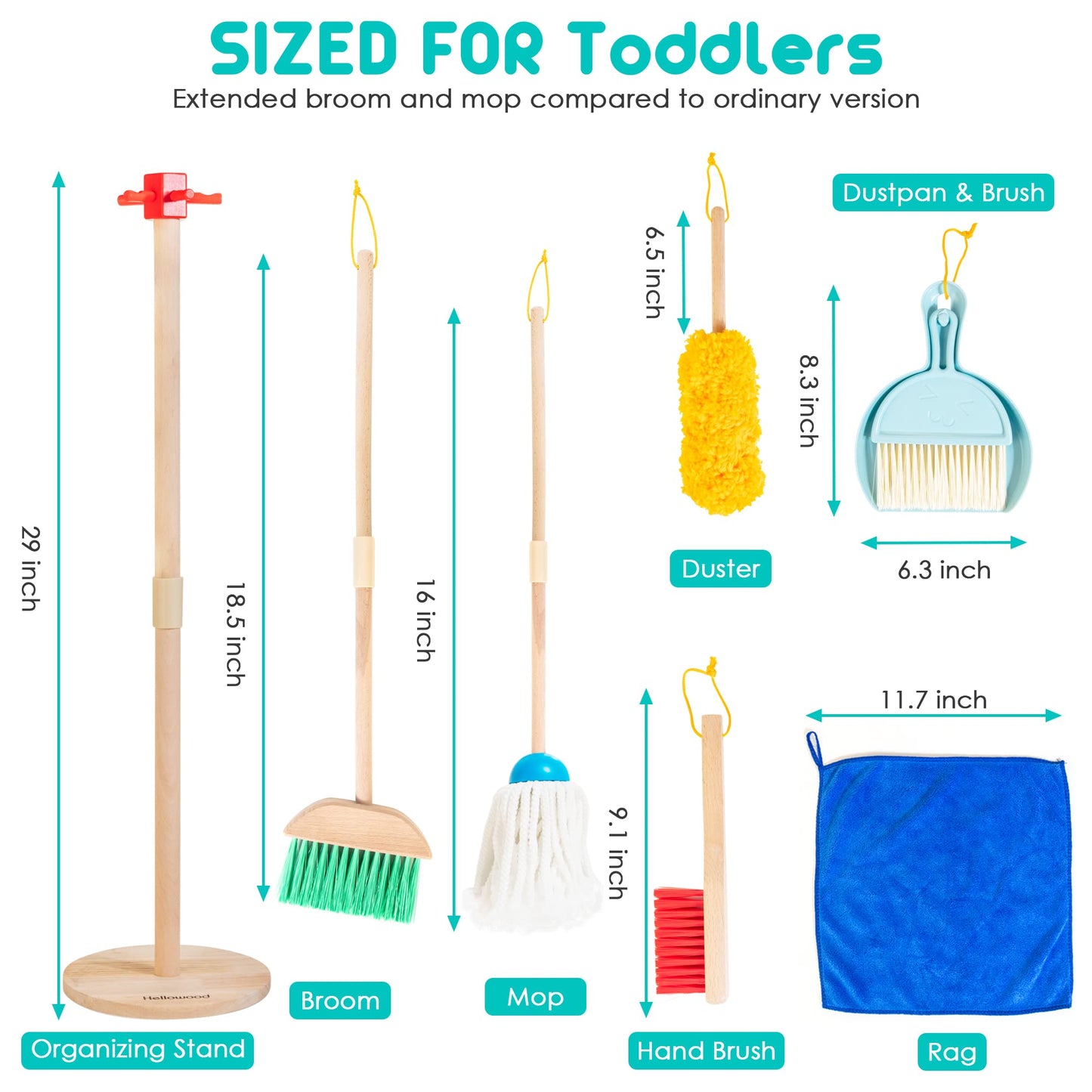 HELLOWOOD Kids Cleaning Set — 8 Pcs Wooden Housekeeping Play Kit (Solid Beech Wood)