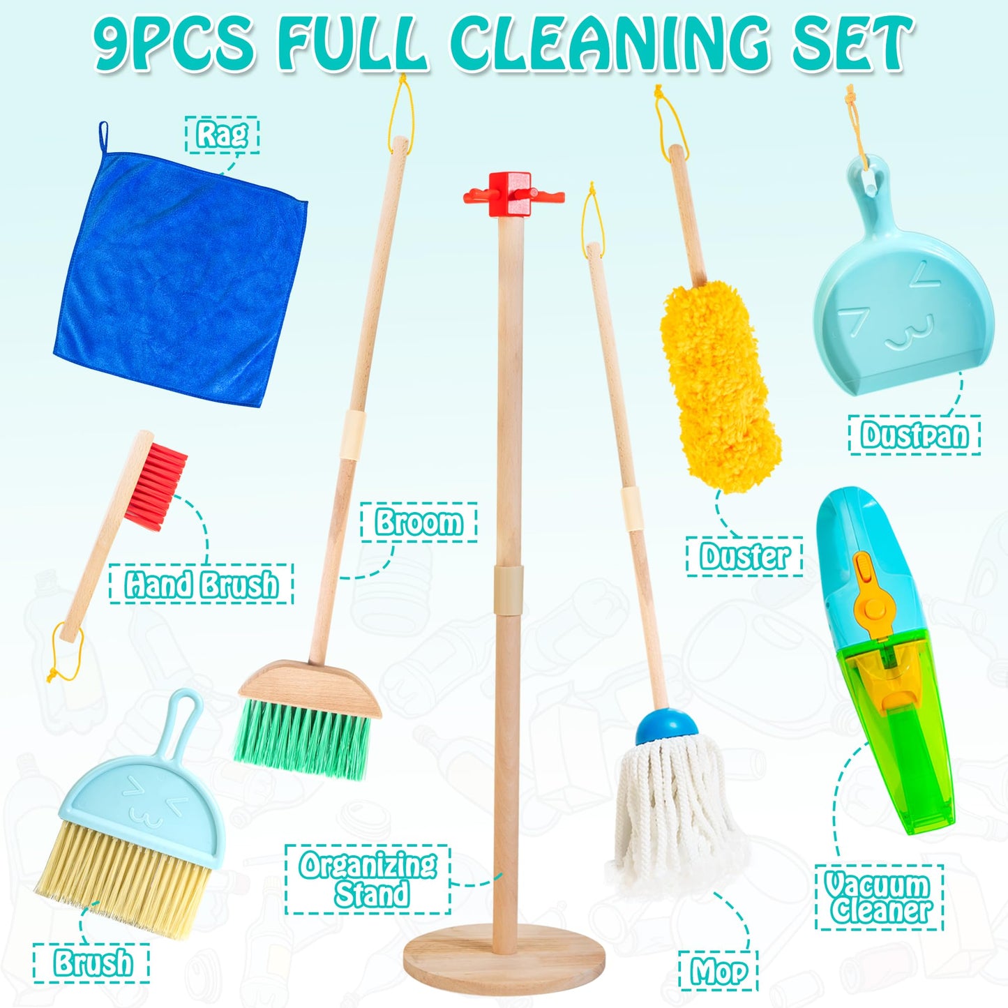 HELLOWOOD Kids Cleaning Set with Electric Vacuum – Pretend Play Housekeeping Toy for Ages 3+
