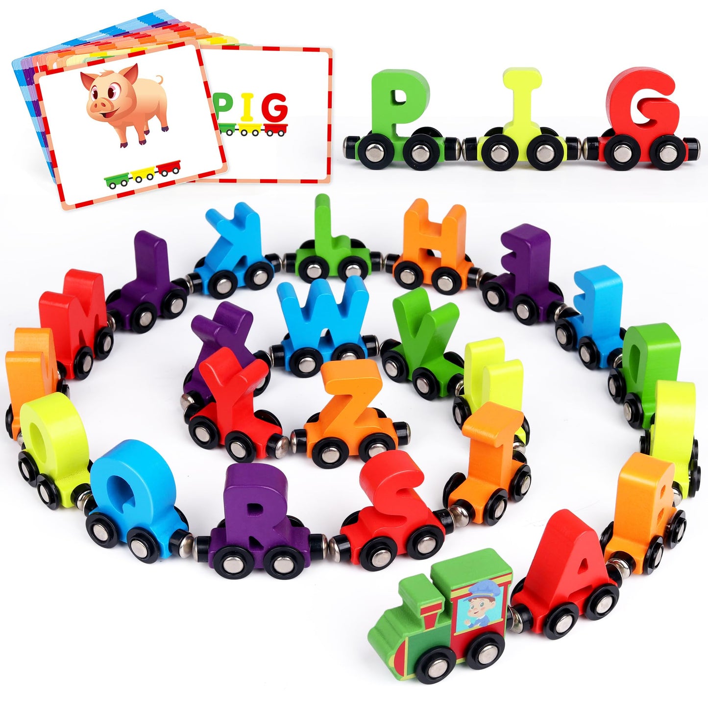 Helsort 27-Piece Magnetic Wooden Alphabet Train Set with 42 Flash Cards