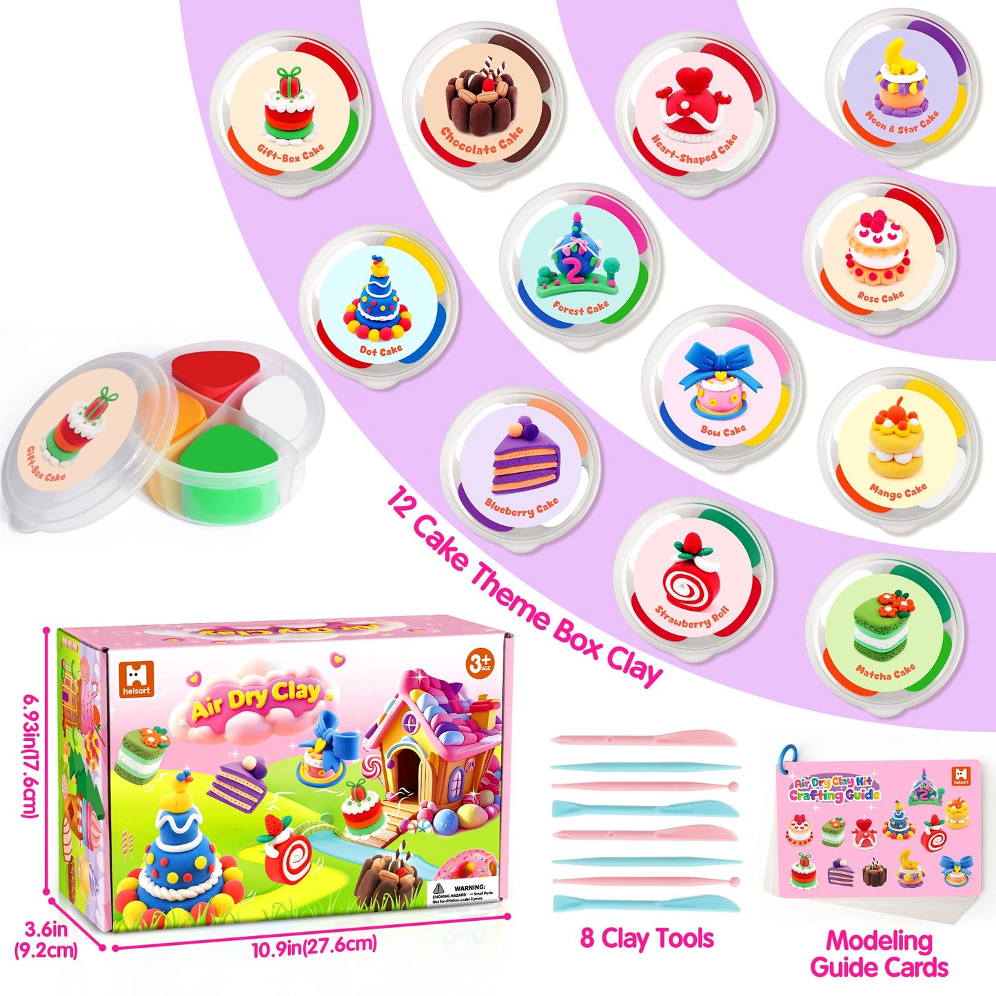 Helsort Air Dry Clay Kit for Kids – 12 Cake-Theme Boxes, 8 Tools, Safe & Non-Toxic