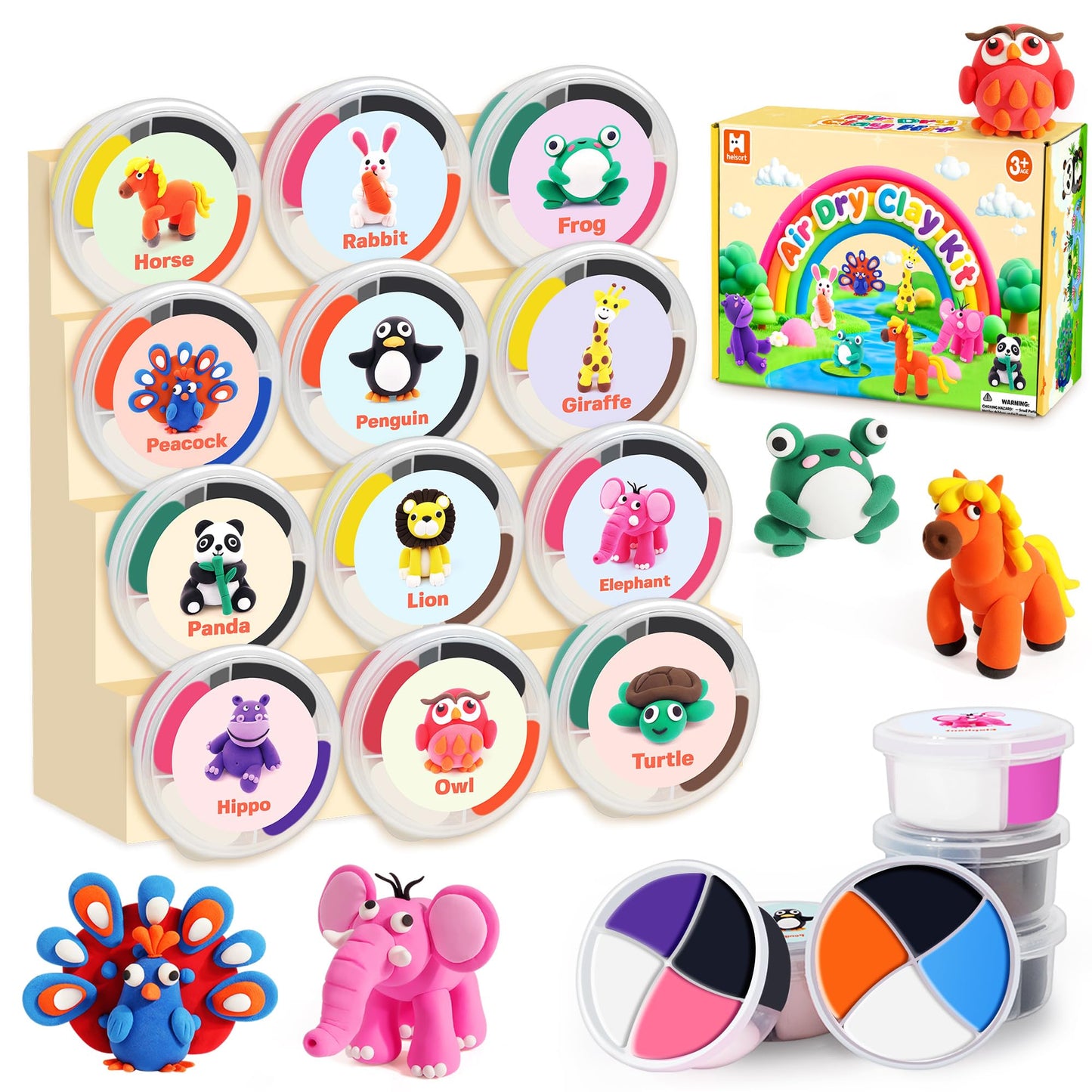 Helsort Air Dry Clay Kit for Kids — 12 Animal Models, Tutorial Cards & 8 Sculpting Tools