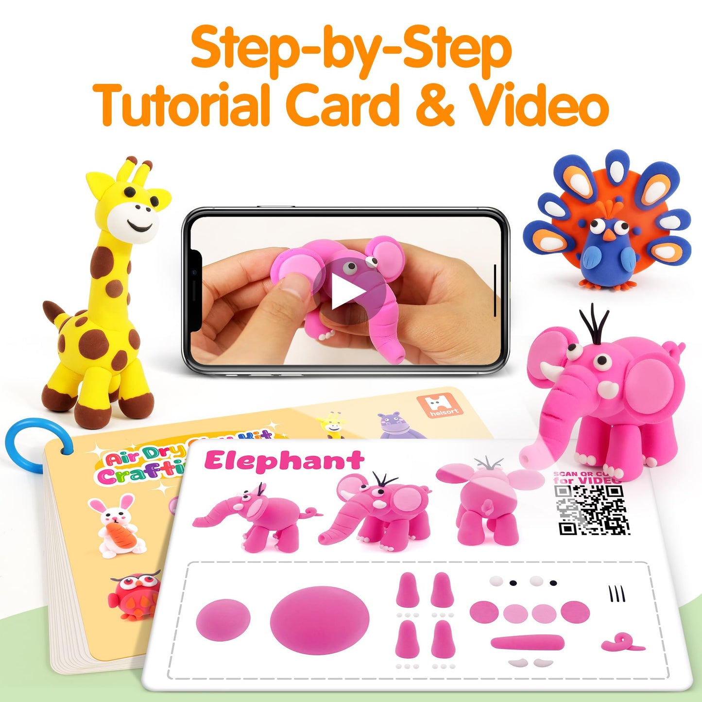 Helsort Air Dry Clay Kit for Kids — 12 Animal Models, Tutorial Cards & 8 Sculpting Tools
