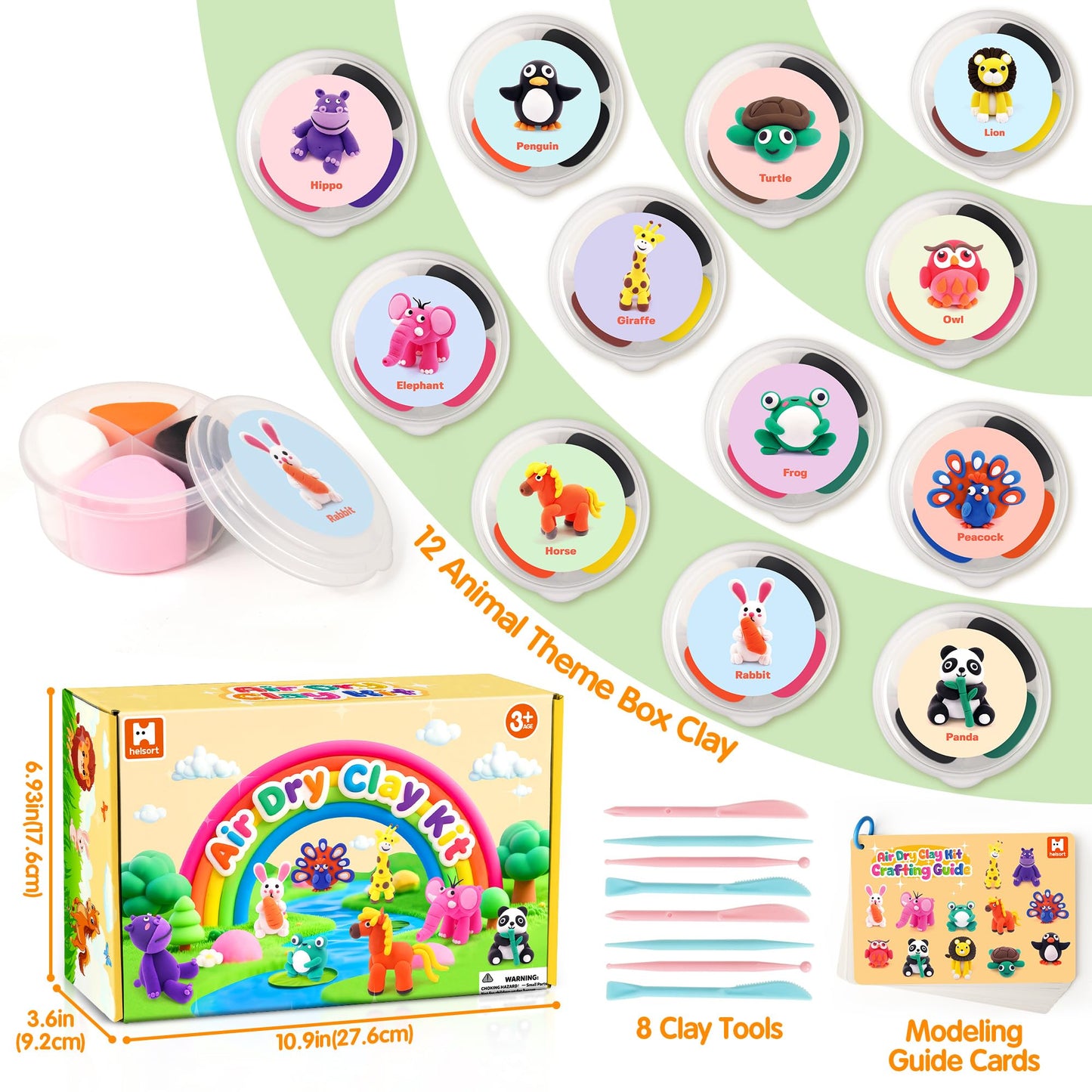 Helsort Air Dry Clay Kit for Kids — 12 Animal Models, Tutorial Cards & 8 Sculpting Tools