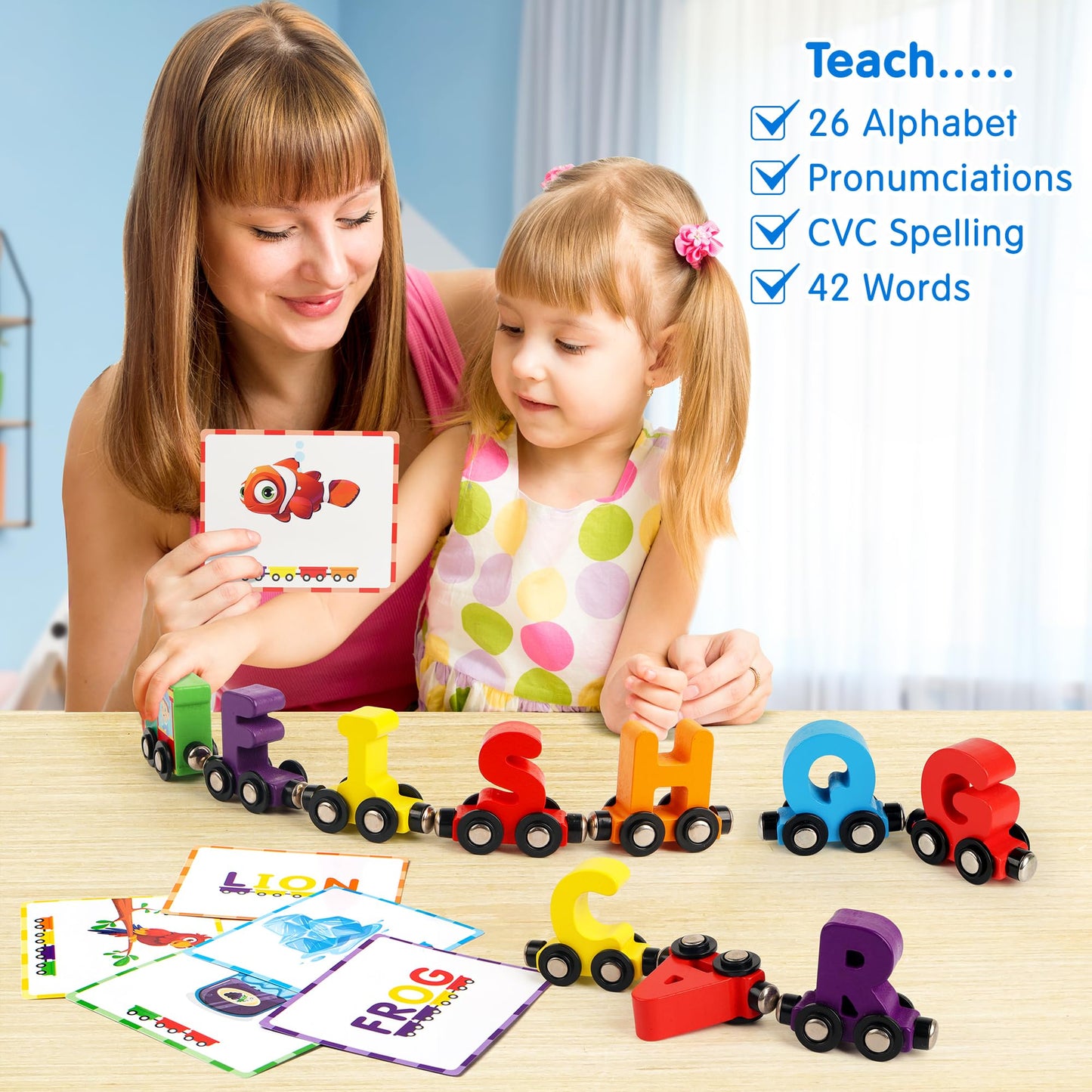 Helsort 27-Piece Magnetic Wooden Alphabet Train Set with 42 Flash Cards