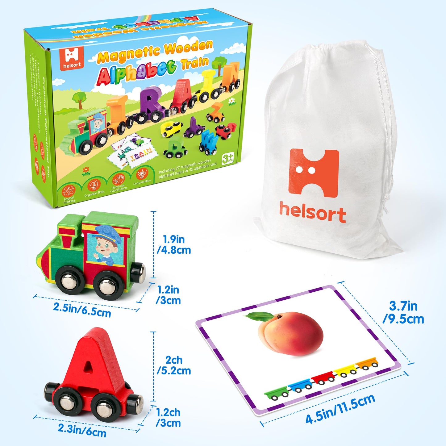 Helsort 27-Piece Magnetic Wooden Alphabet Train Set with 42 Flash Cards
