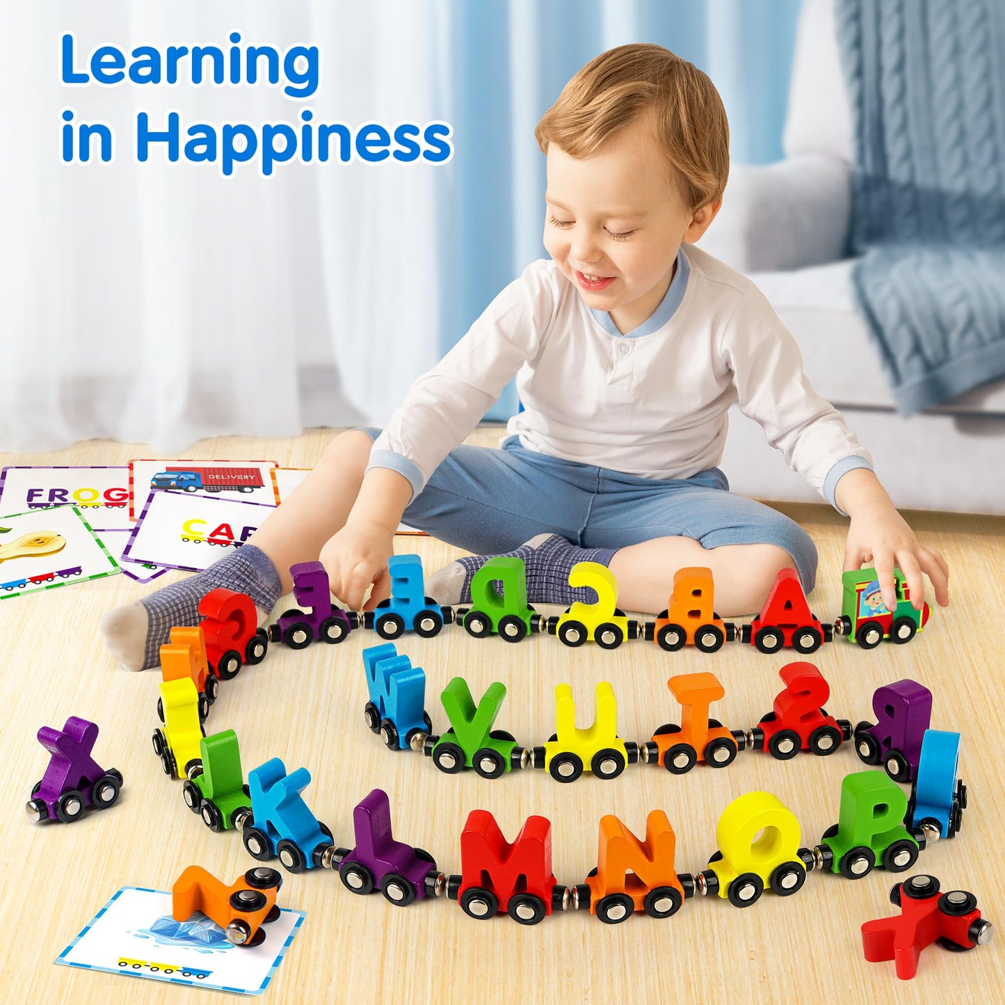 Helsort 27-Piece Magnetic Wooden Alphabet Train Set with 42 Flash Cards