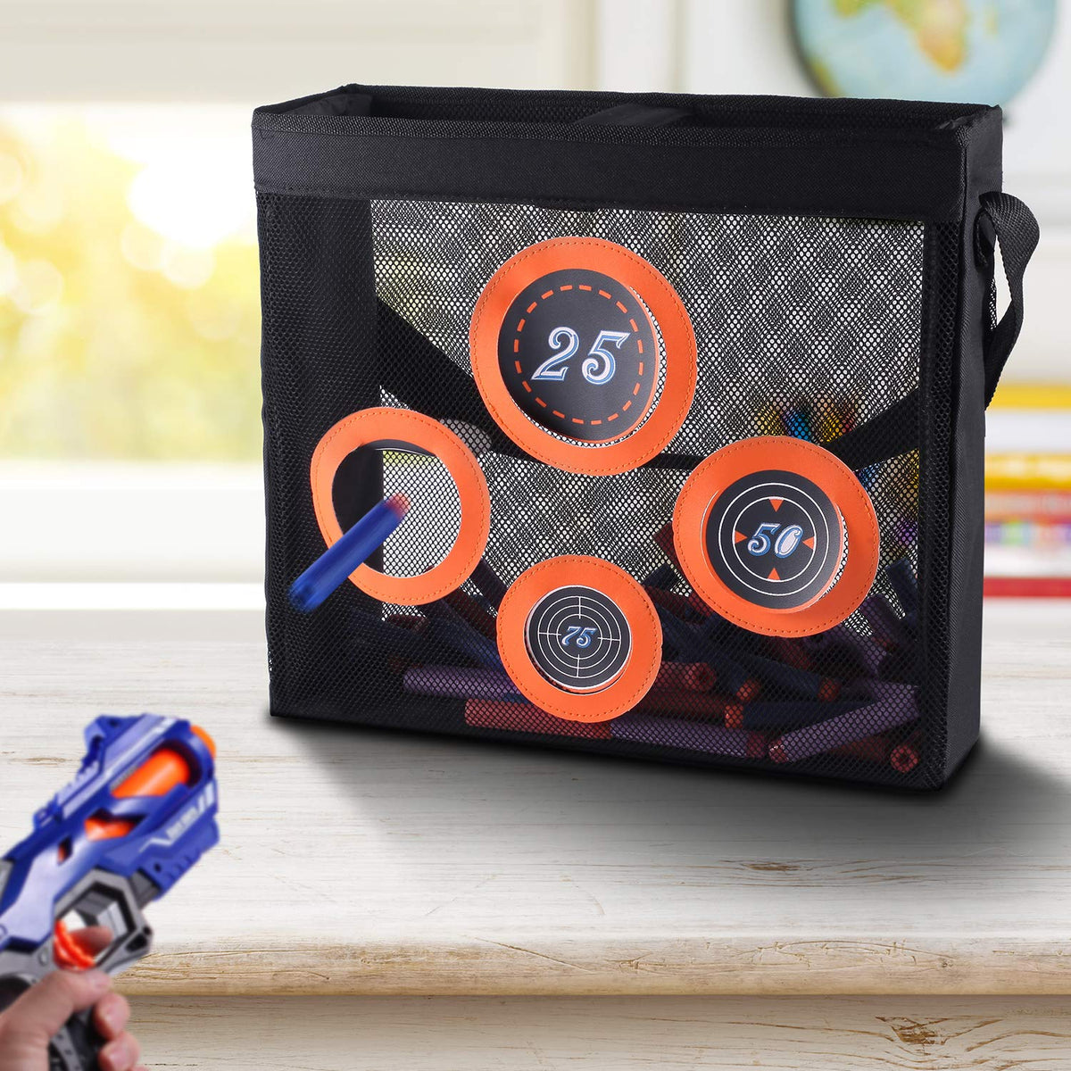 Hely Cancy Portable Shooting Practice Target & Darts Storage Mesh Bag – Nerf Darts Compatible for Kids 6+