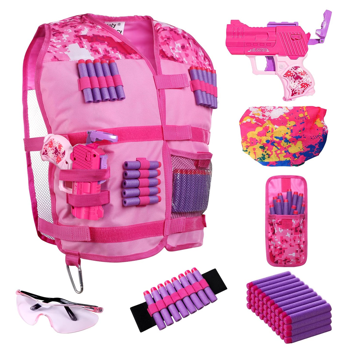 Hely Cancy Girls Tactical Vest Kit with Blaster – Pink Kids Vest for Nerf Rebelle Play