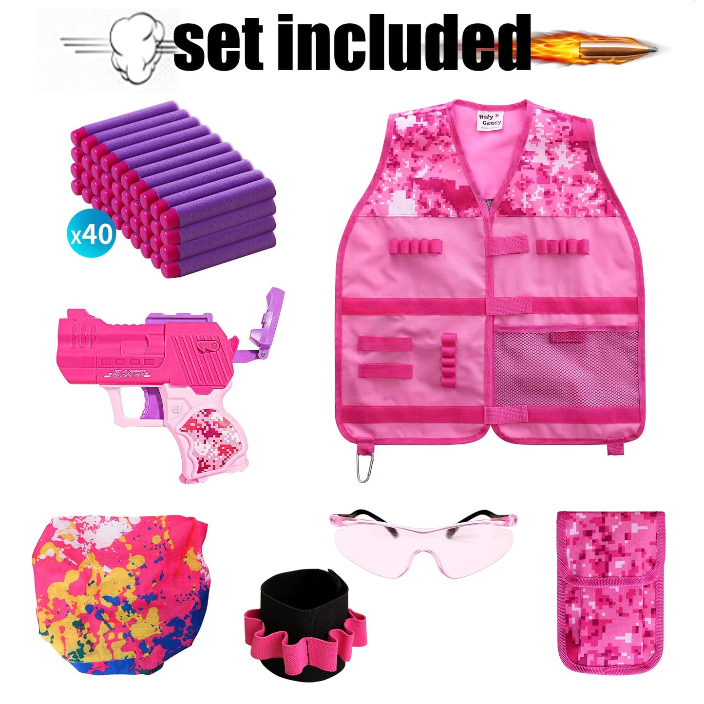 Hely Cancy Girls Tactical Vest Kit with Blaster – Pink Kids Vest for Nerf Rebelle Play