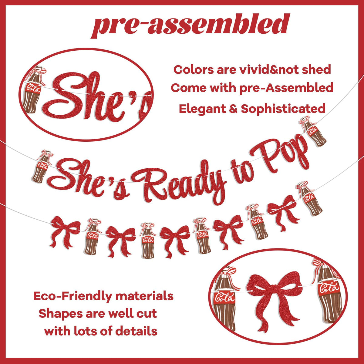 Hemicha She's Ready to Pop Banner - Retro Soda Fountain Baby Shower Decor, Red Glitter