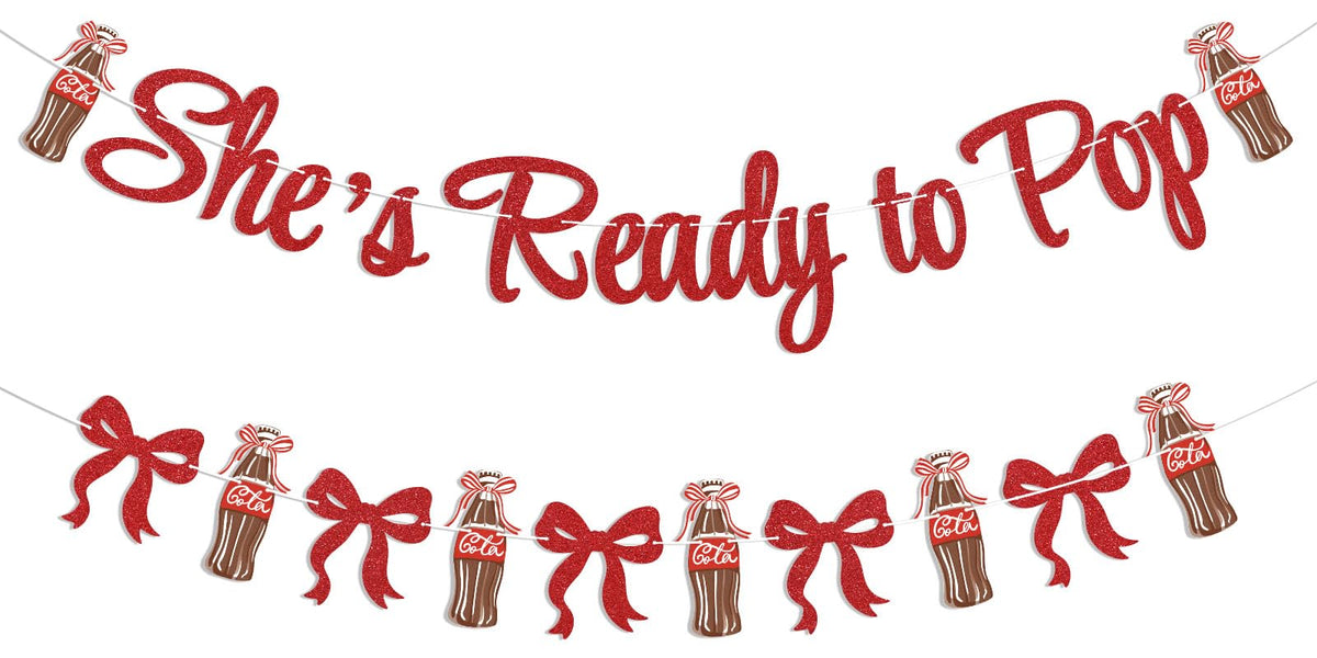 Hemicha She's Ready to Pop Banner - Retro Soda Fountain Baby Shower Decor, Red Glitter