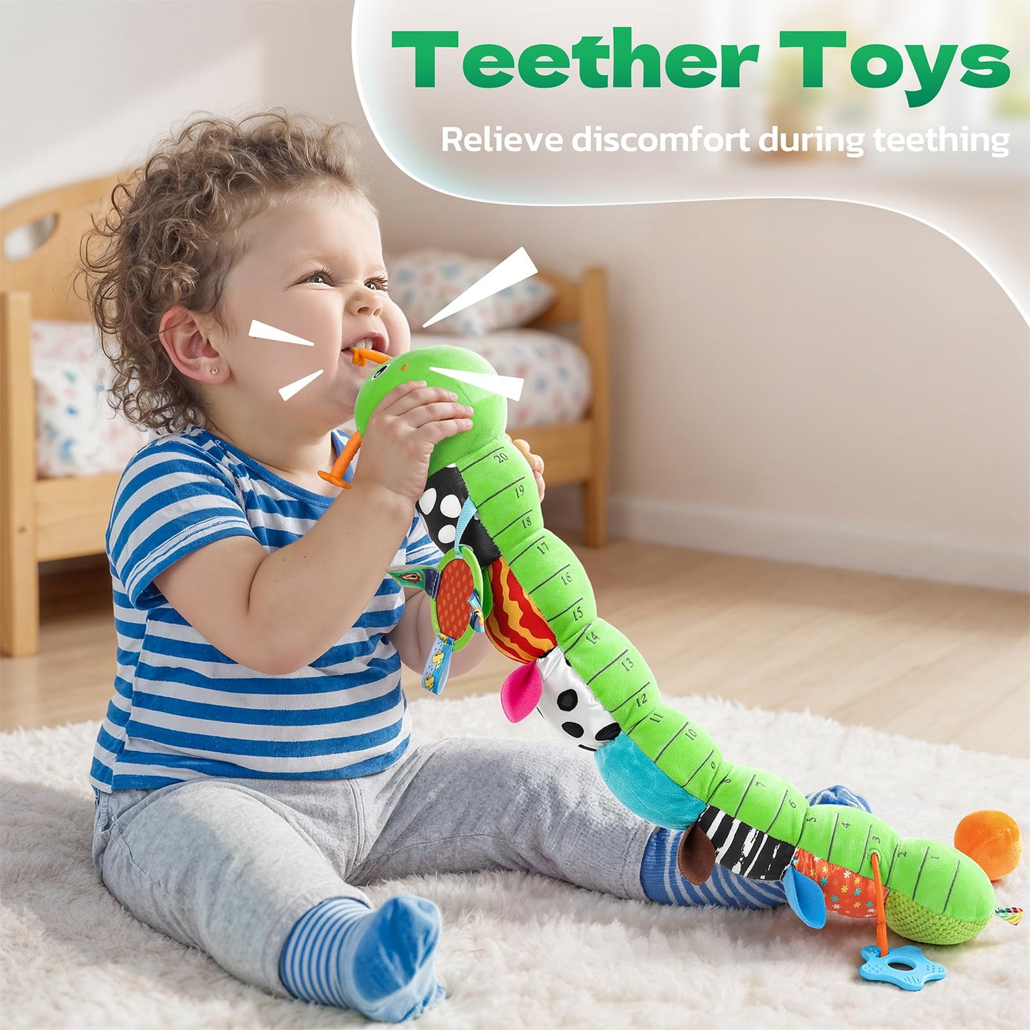 HEMRLY Baby Sensory Caterpillar Toy (Winged Green) 0-6 Months – Musical Plush, Teether & Mirror