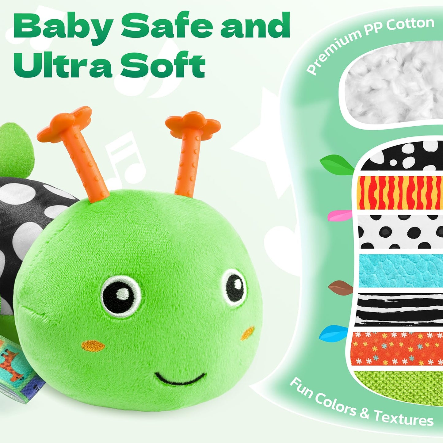 HEMRLY Baby Sensory Caterpillar Toy (Winged Green) 0-6 Months – Musical Plush, Teether & Mirror