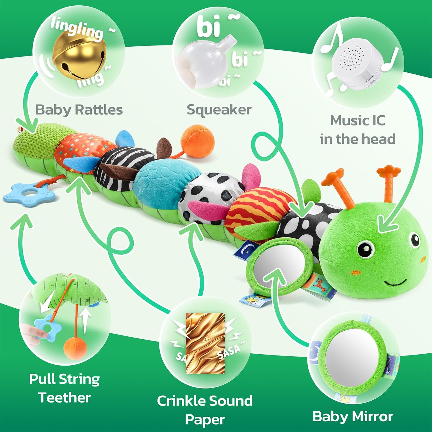 HEMRLY Baby Sensory Caterpillar Toy (Winged Green) 0-6 Months – Musical Plush, Teether & Mirror