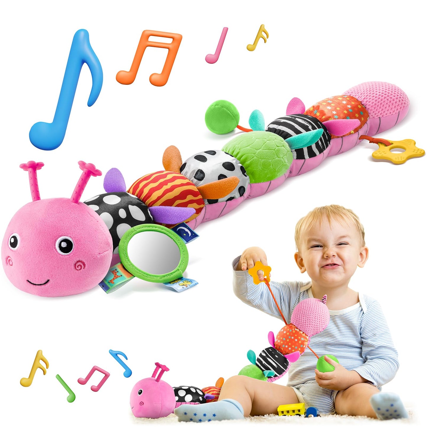 HEMRLY Baby Sensory Toy Caterpillar 0-6 Months – Musical Plush Teether, Mirror & Crinkle, Winged Pink