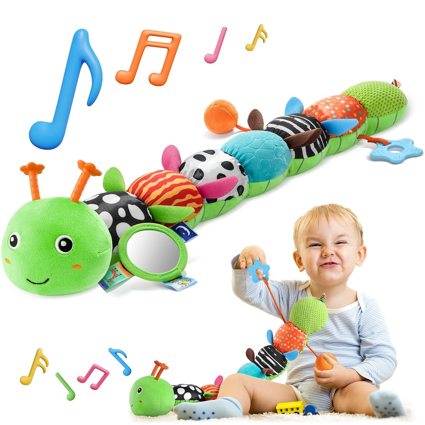 HEMRLY Baby Sensory Caterpillar Toy (Winged Green) 0-6 Months – Musical Plush, Teether & Mirror
