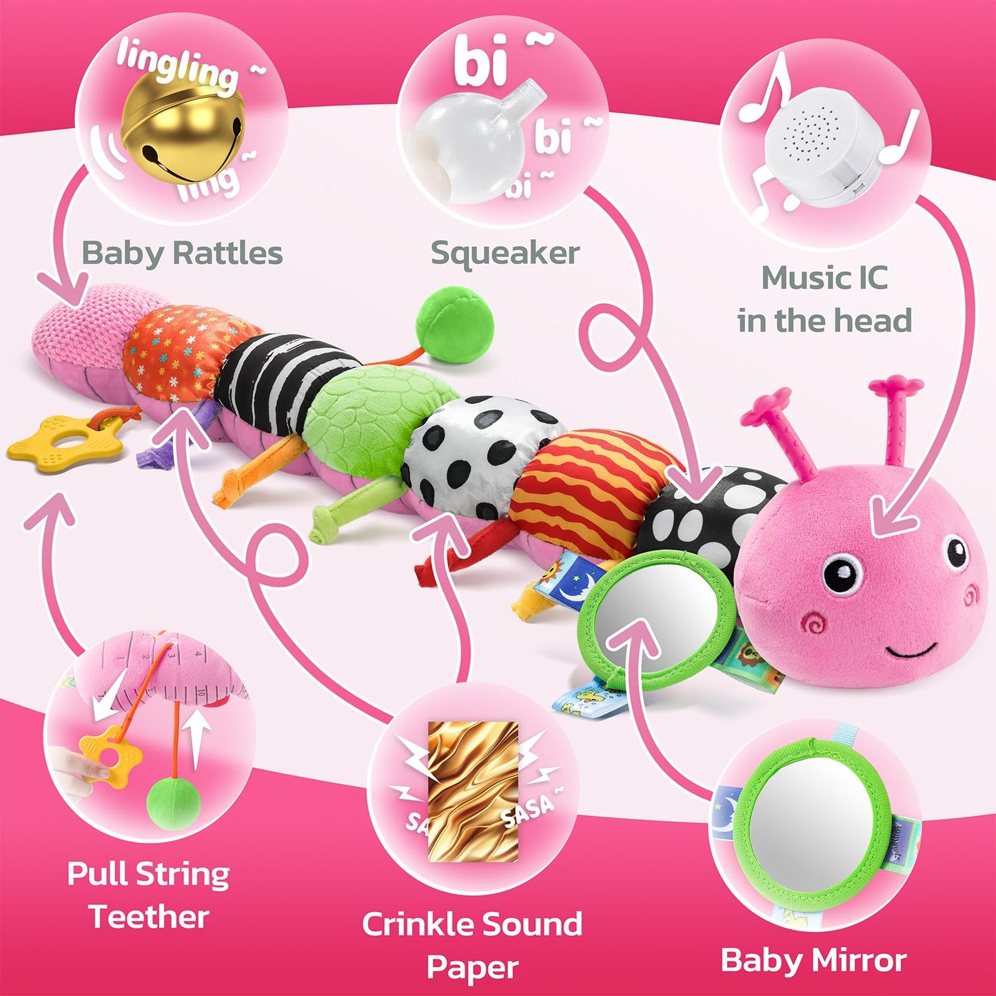 HEMRLY Baby Sensory Caterpillar Toy 0-12 Months – Musical Plush Teether, Mirror, Crinkle & Rattle (Knotted Pink)