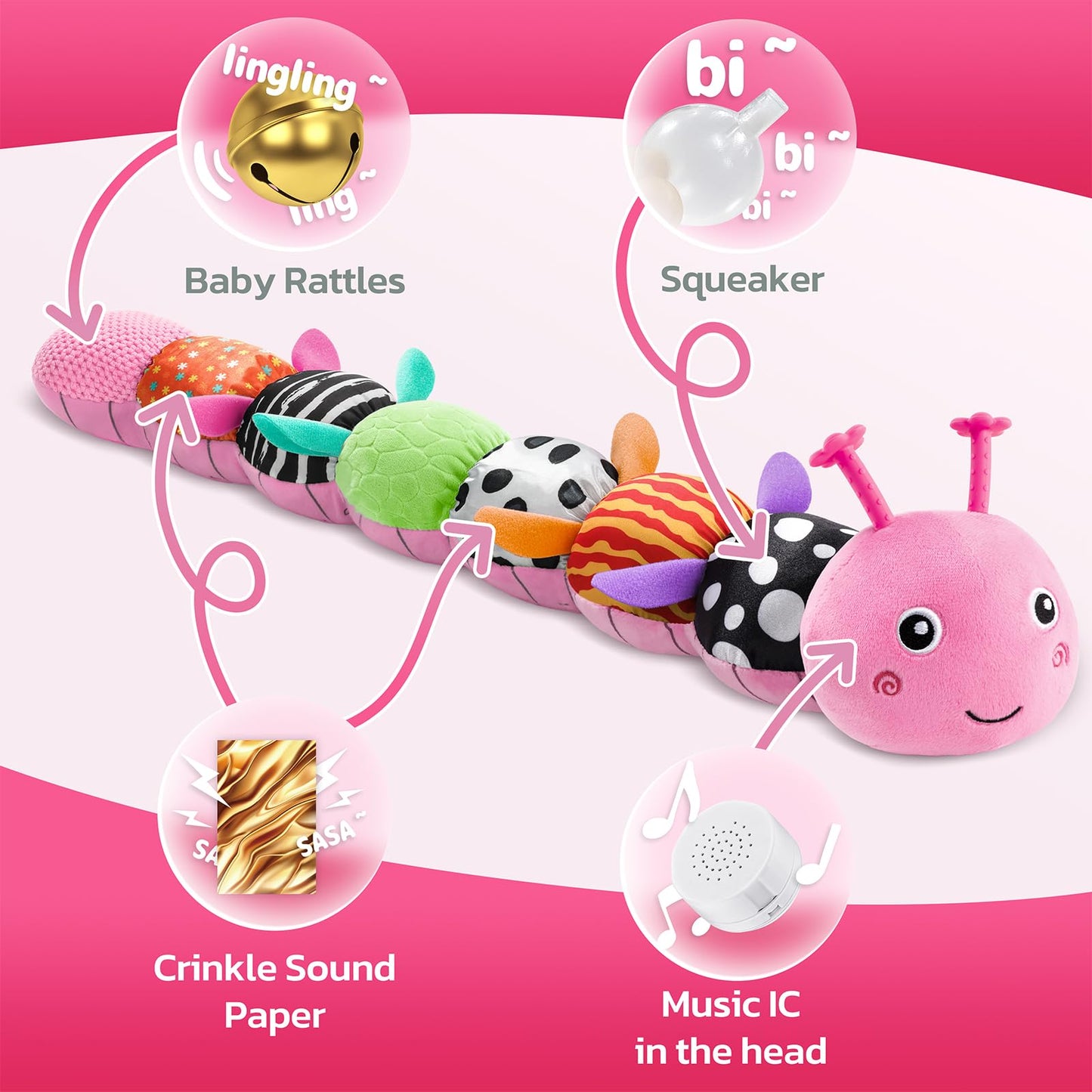 HEMRLY Musical Caterpillar Baby Toy – Sensory Plush Rattle & Teether for 0–12 Months