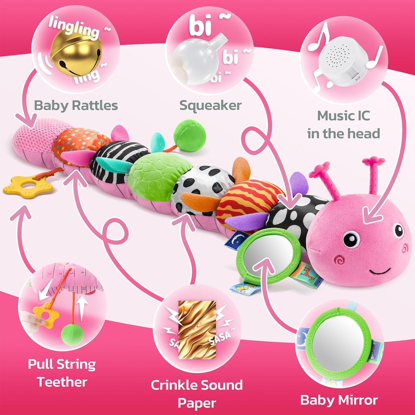 HEMRLY Baby Sensory Toy Caterpillar 0-6 Months – Musical Plush Teether, Mirror & Crinkle, Winged Pink