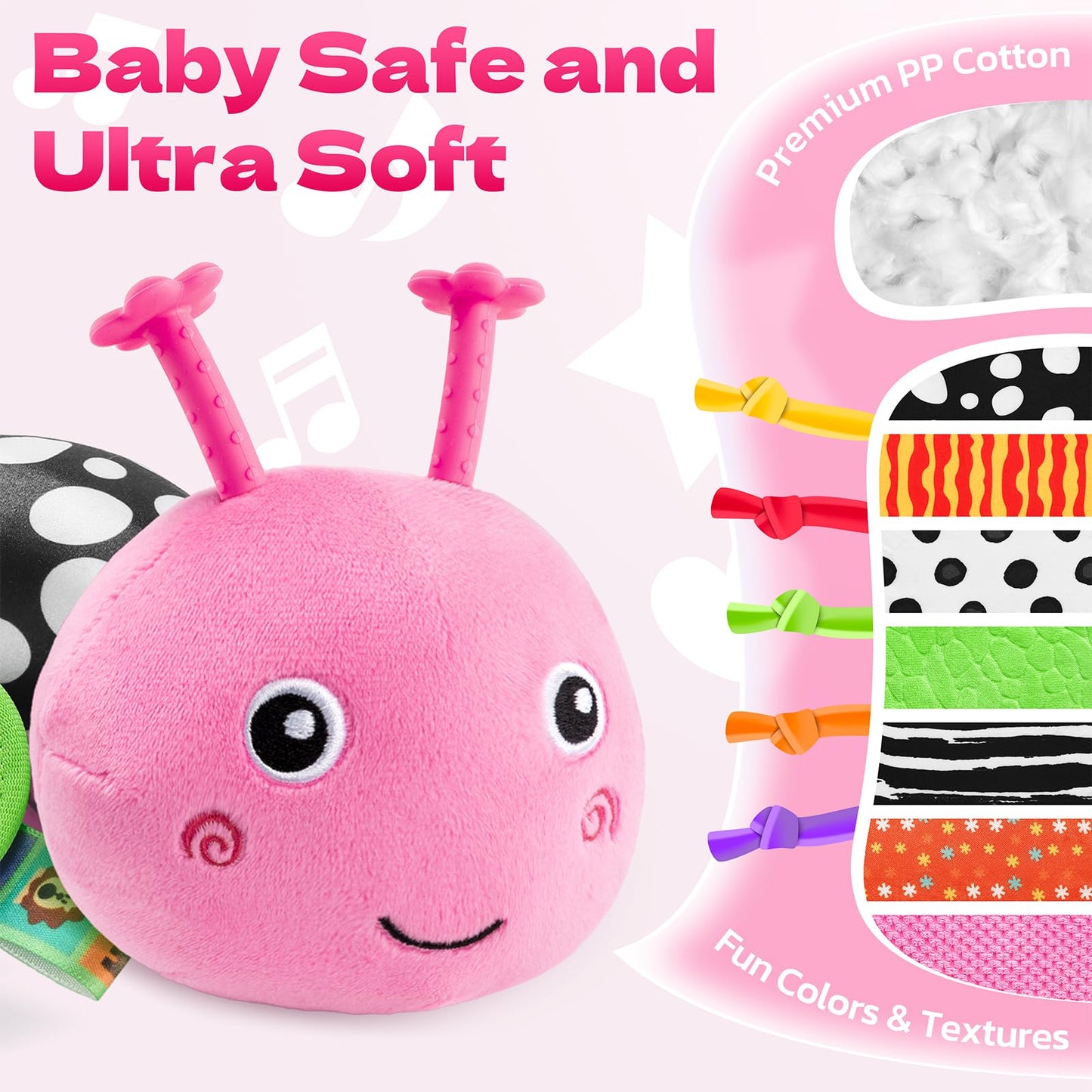 HEMRLY Baby Sensory Caterpillar Toy 0-12 Months – Musical Plush Teether, Mirror, Crinkle & Rattle (Knotted Pink)