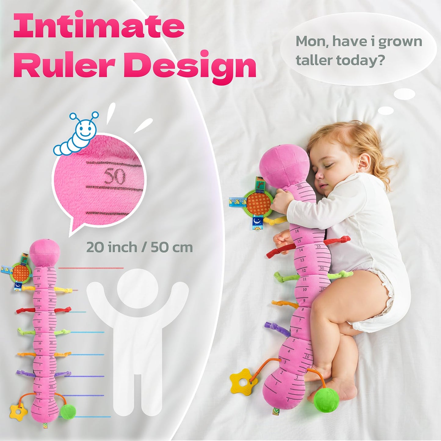 HEMRLY Baby Sensory Caterpillar Toy 0-12 Months – Musical Plush Teether, Mirror, Crinkle & Rattle (Knotted Pink)