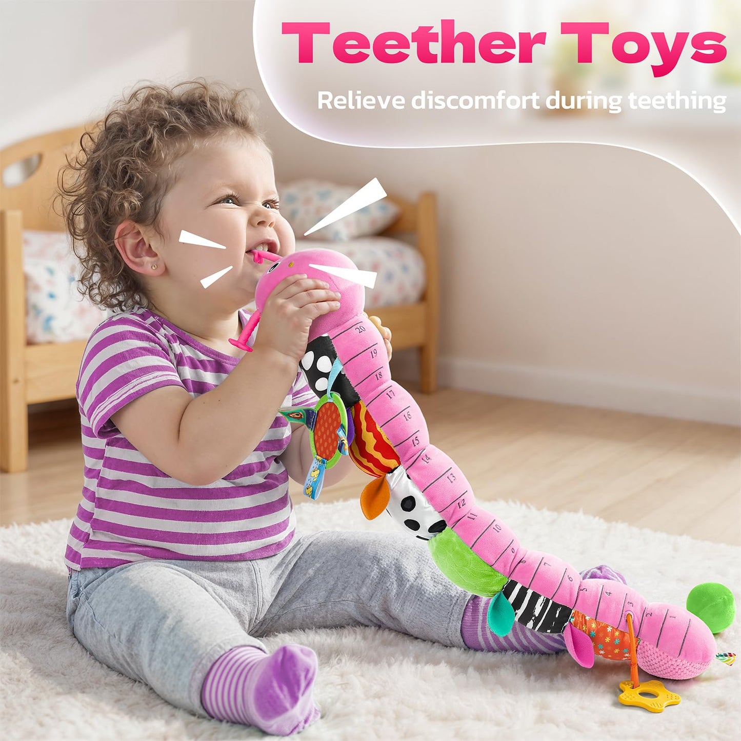 HEMRLY Baby Sensory Toy Caterpillar 0-6 Months – Musical Plush Teether, Mirror & Crinkle, Winged Pink